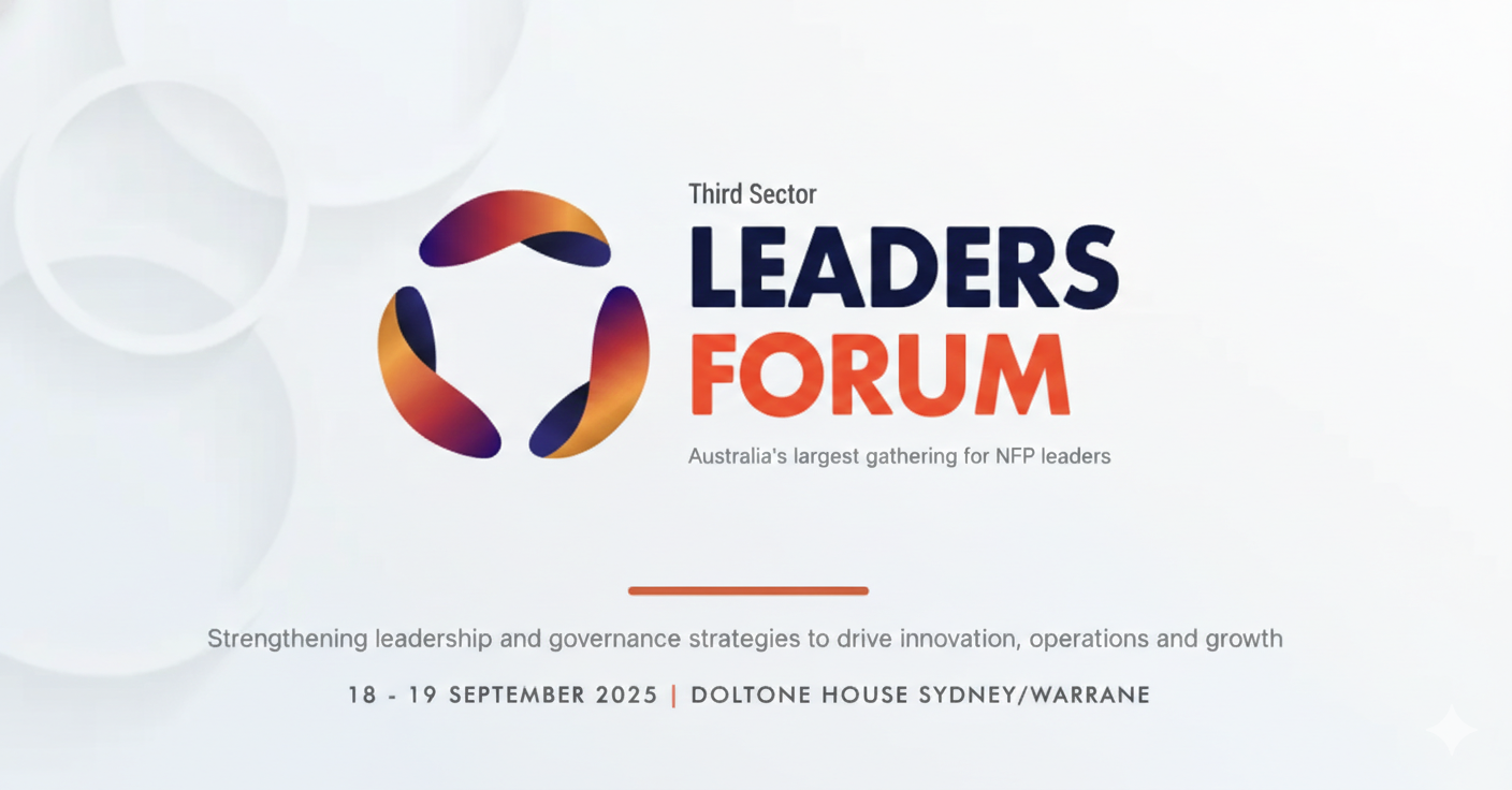 Flyer for the Third Sector Leaders Forum, Australia, held September 18-19, 2025, at Doltone House Sydney/Warrane, focusing on leadership and governance strategies.
