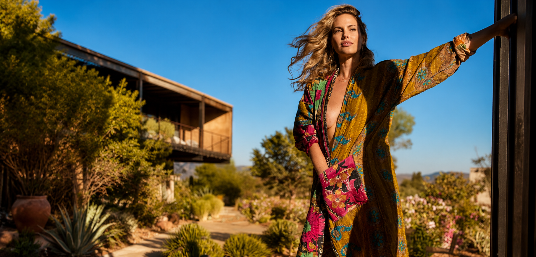 A woman wearing a colorful kimono with floral patterns stands outdoors, reaching out to touch a metal gate, with a modern house and lush garden in the background.