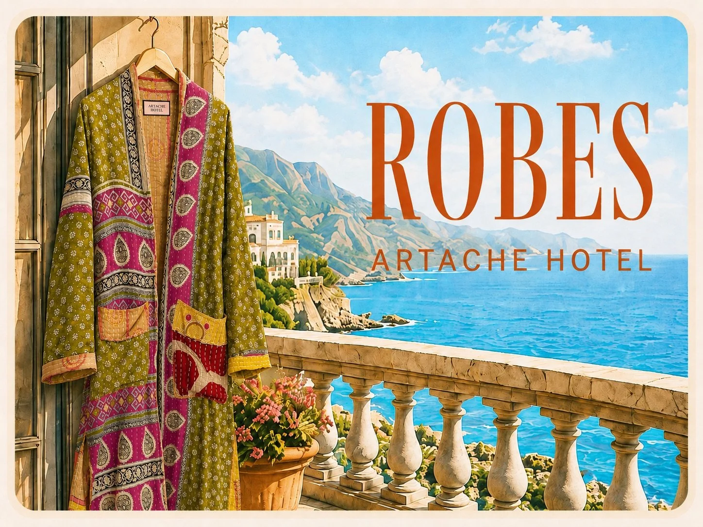 A colorful robe hanging on a balcony railing with a scenic coastal view of mountains, houses, and the ocean in the background.