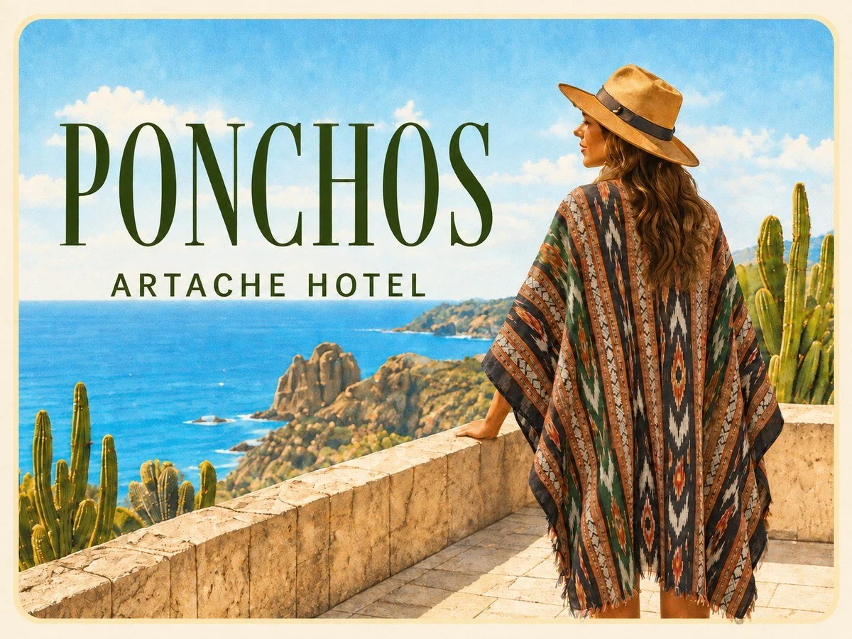 A woman in a colorful poncho looks at the ocean from a balcony with cacti and a stone wall, with a scenic coastline in the background.