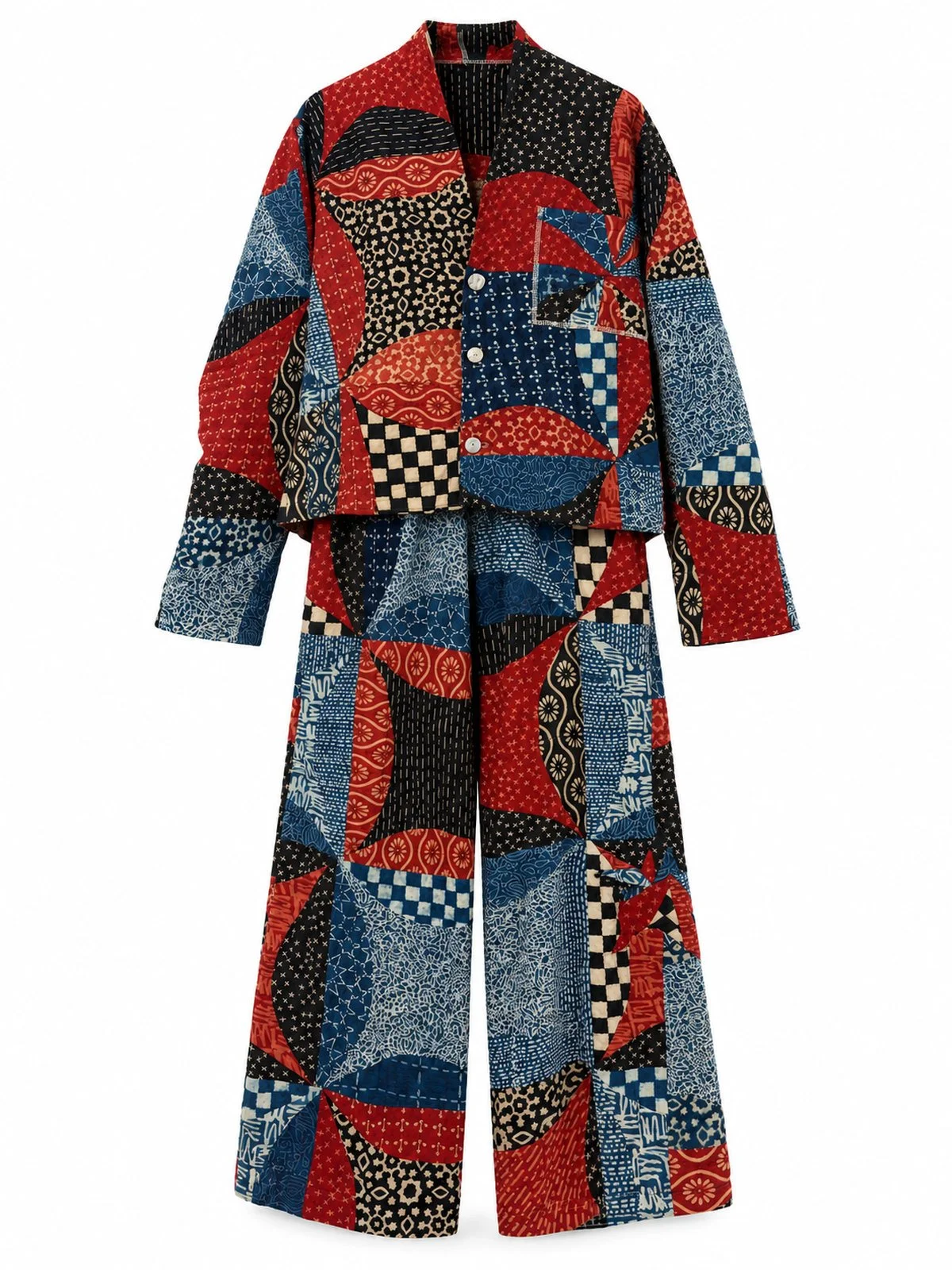 Navy & Crimson Sashiko Patchwork Lounge Set