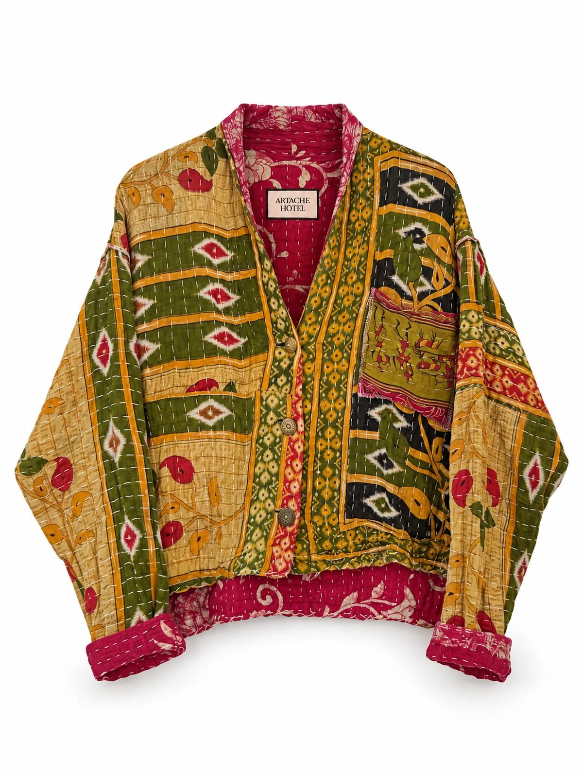Olive Ikat Vine & Magenta Floral Reversible Long Jacket