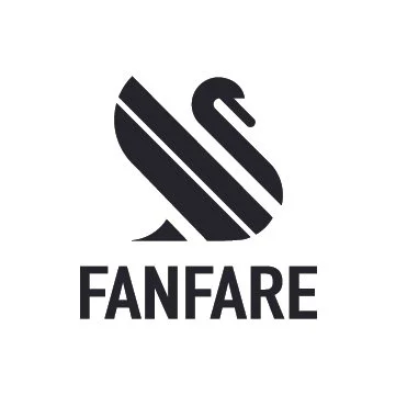 Logo featuring a stylized black swan with the word "FANFARE" underneath.