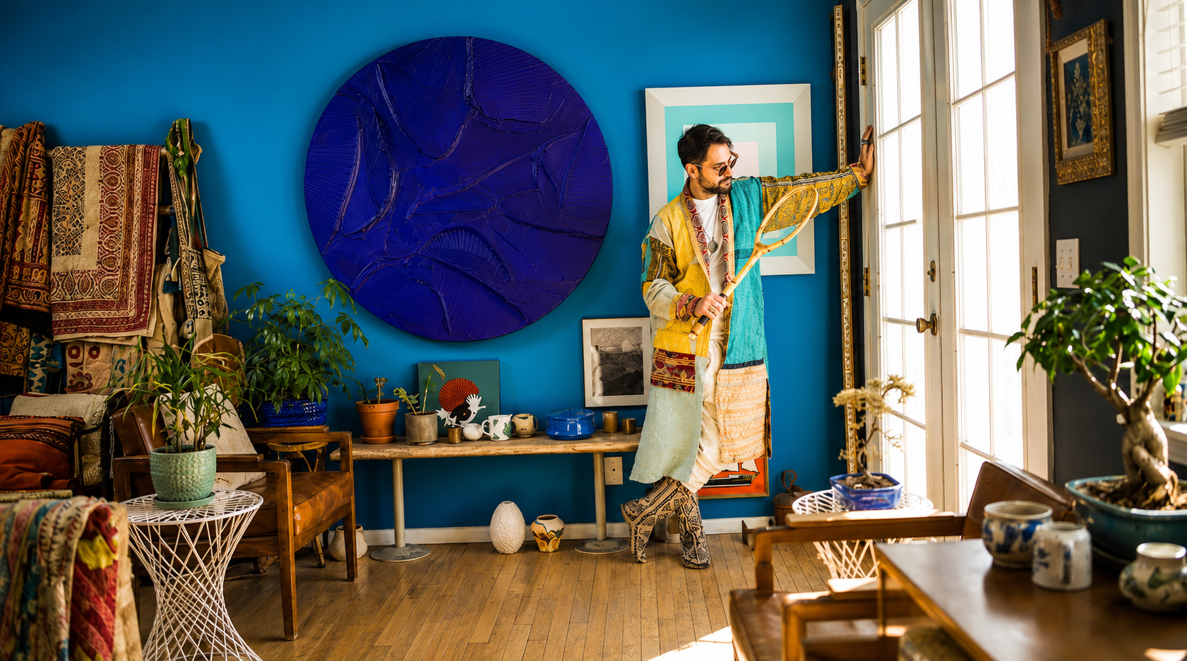 A man dressed in colorful, patterned clothing holds a badminton racket and stands near a large window in a vibrant, art-filled room with blue walls, potted plants, and various artwork and decorative items.