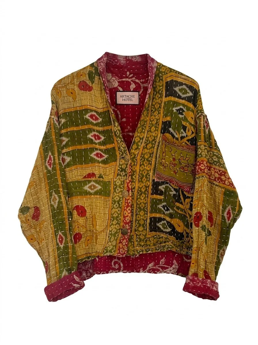 Olive Ikat Vine & Magenta Floral Reversible Long Jacket