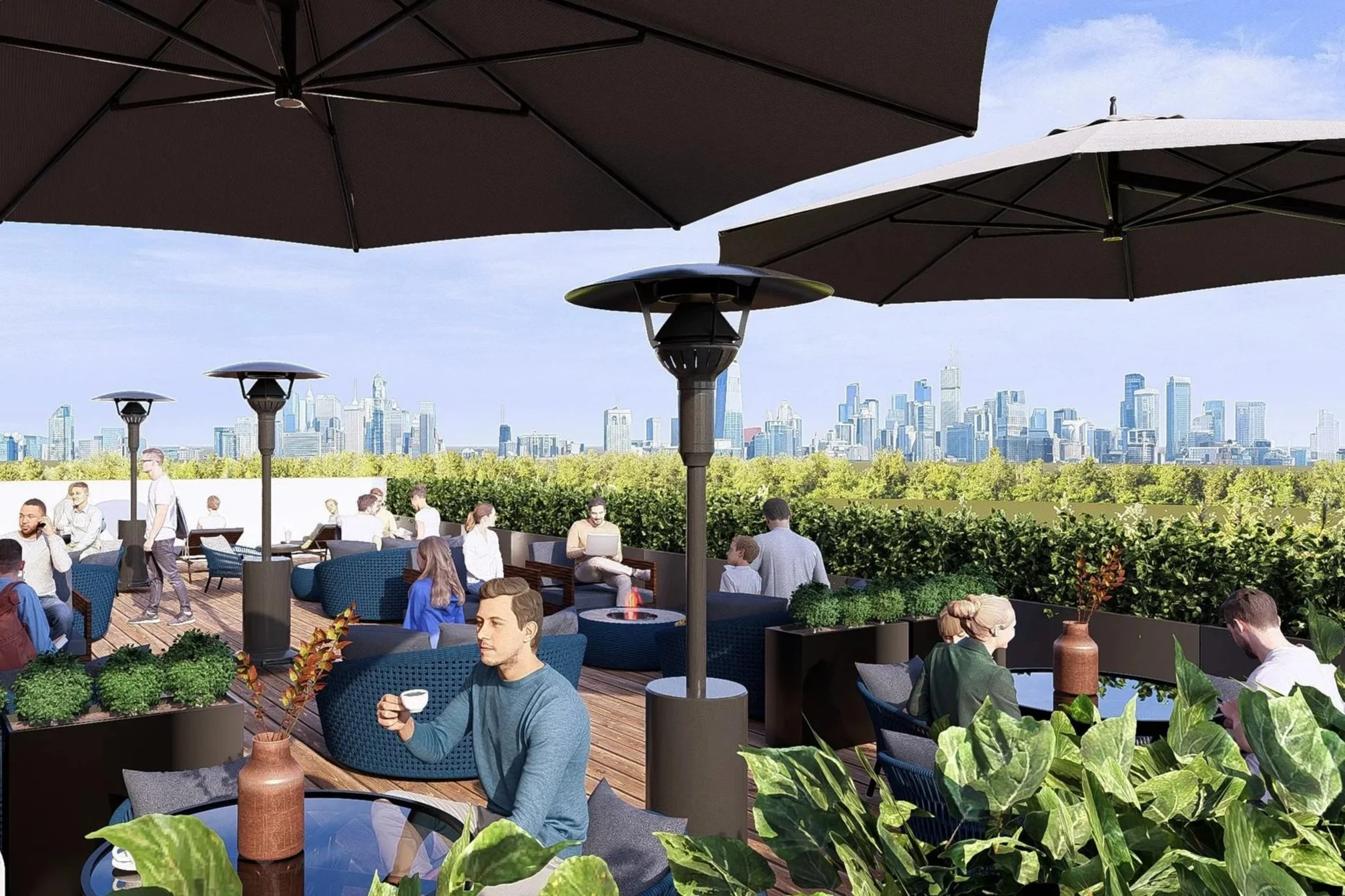 Spacious resident-only deck with City views