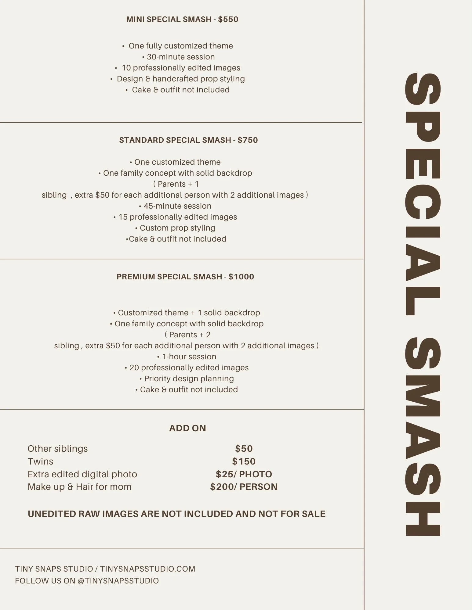 A menu of special photography packages offered by Tiny Snaps Studio, including Mini, Standard, and Premium options, detailing their features, prices, and add-ons.