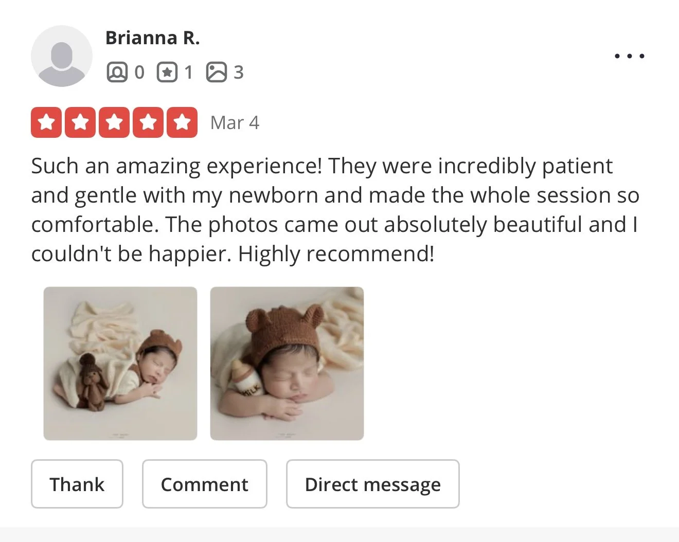 Two photos of a sleeping newborn baby wearing a brown bear hat, lying on a soft cream blanket, with a small teddy bear toy nearby.