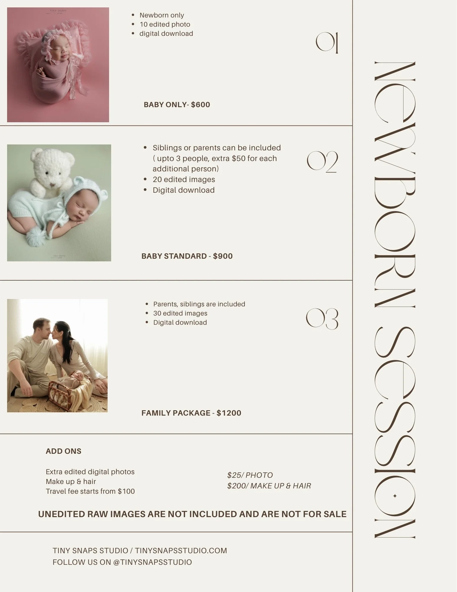 Pricing and package options for newborn photo sessions, including newborn only, sibling or parent inclusion, and family packages, with images and additional services listed.
