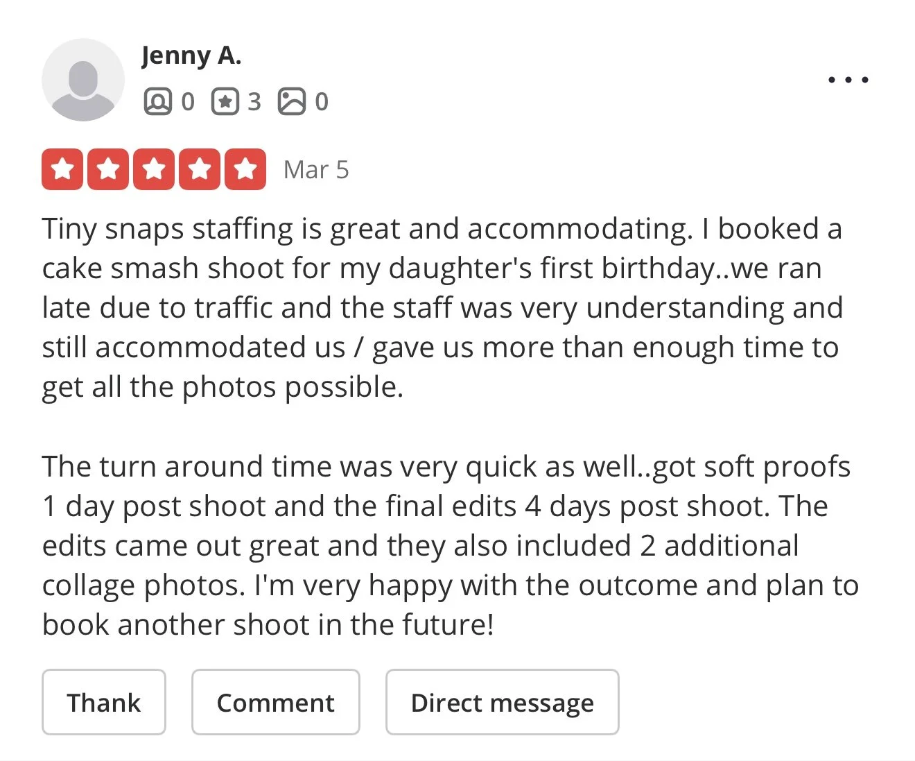 Screenshot of a female customer review for Tiny Snaps staffing, praising their service. The review is five stars, dated March 5, and includes options to thank, comment, or send a direct message.