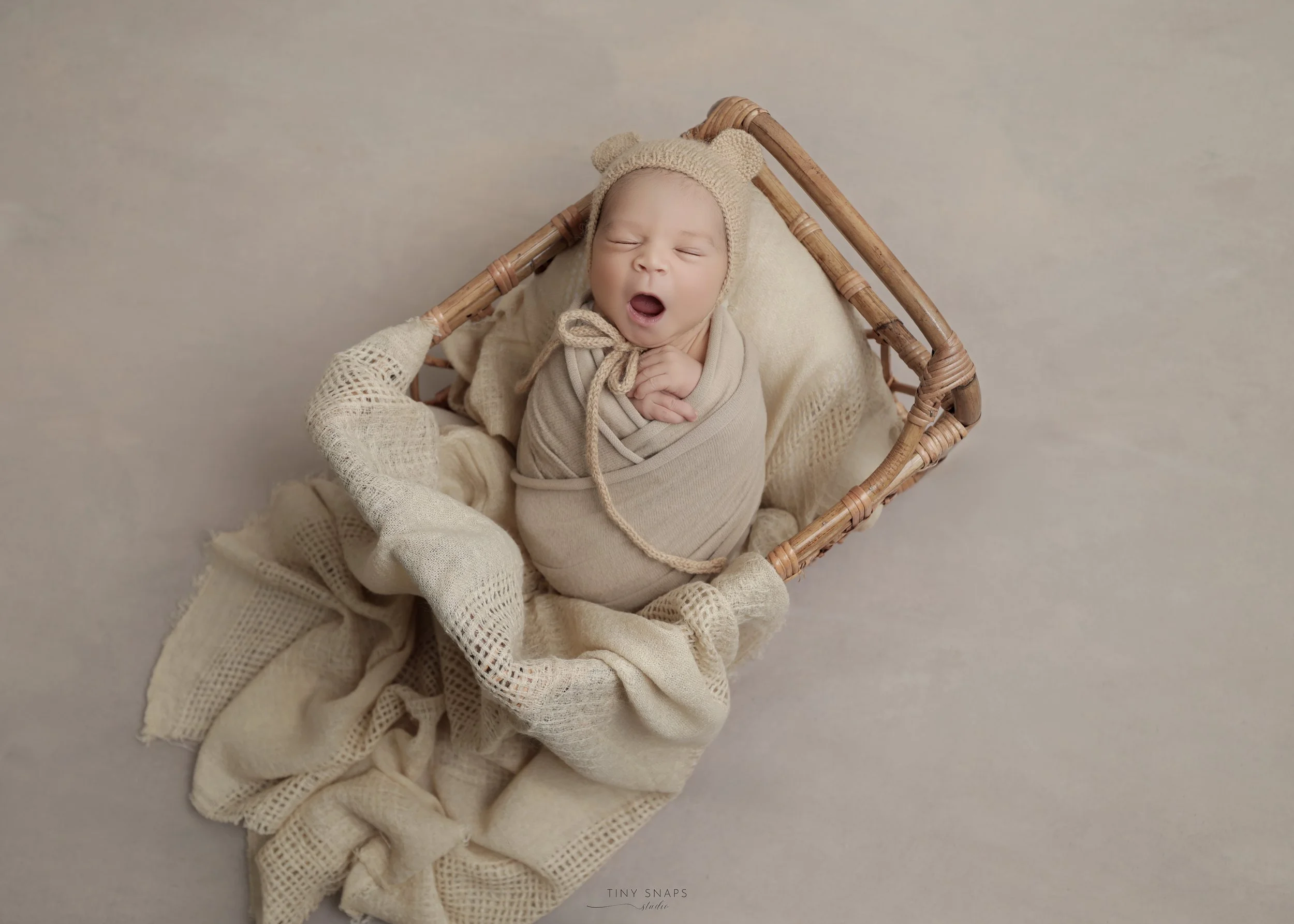 A newborn baby wearing a beige bear hat, swaddled in beige cloth, lying in a wicker basket with cream-colored knitted blankets.