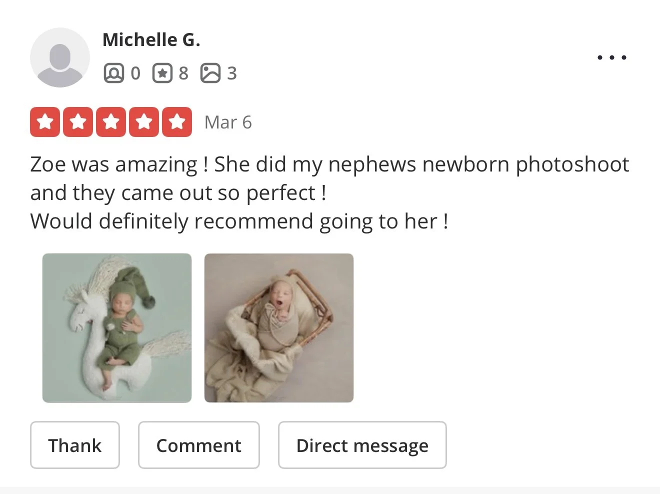 Review of a photography service showing a baby lying on a unicorn-themed blanket and another baby wrapped in a blanket in a basket, with a positive comment about the photography.