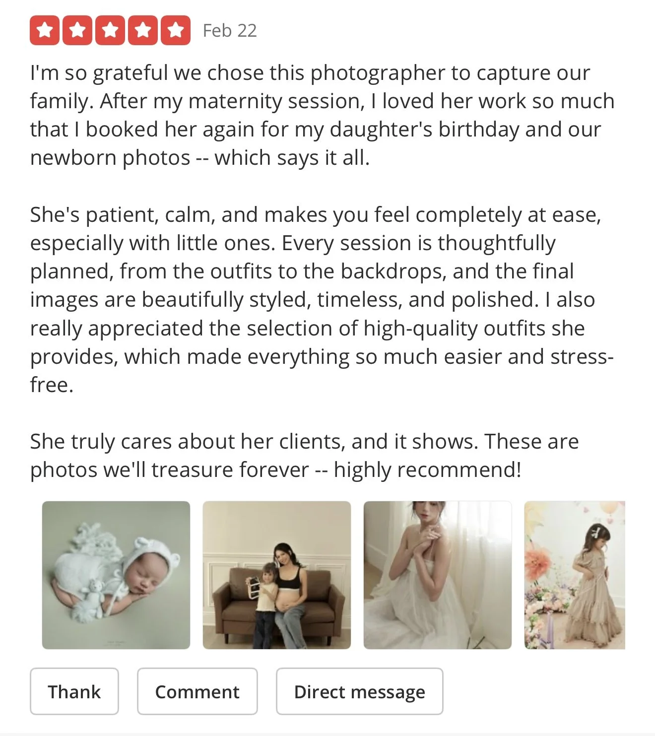 Four photos of clients' children and family moments, including a newborn baby, a woman with a young girl, a woman in a white dress, and a young girl in a beige dress.