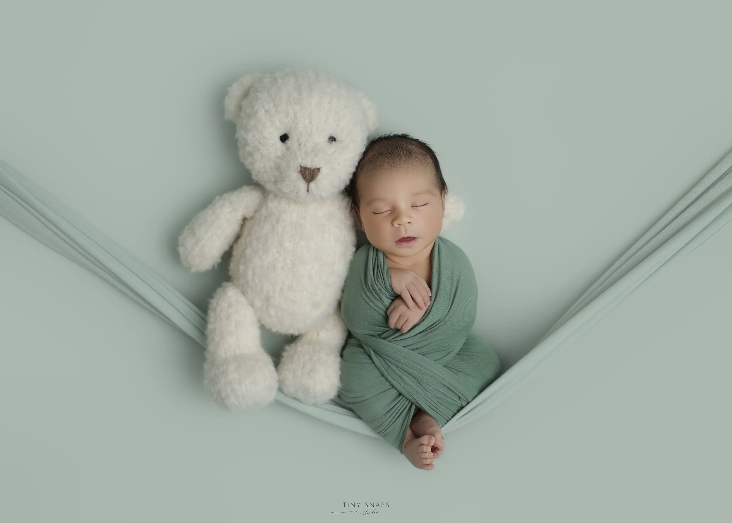 A sleeping newborn wrapped in a green blanket, sitting next to a white teddy bear on a light green background.