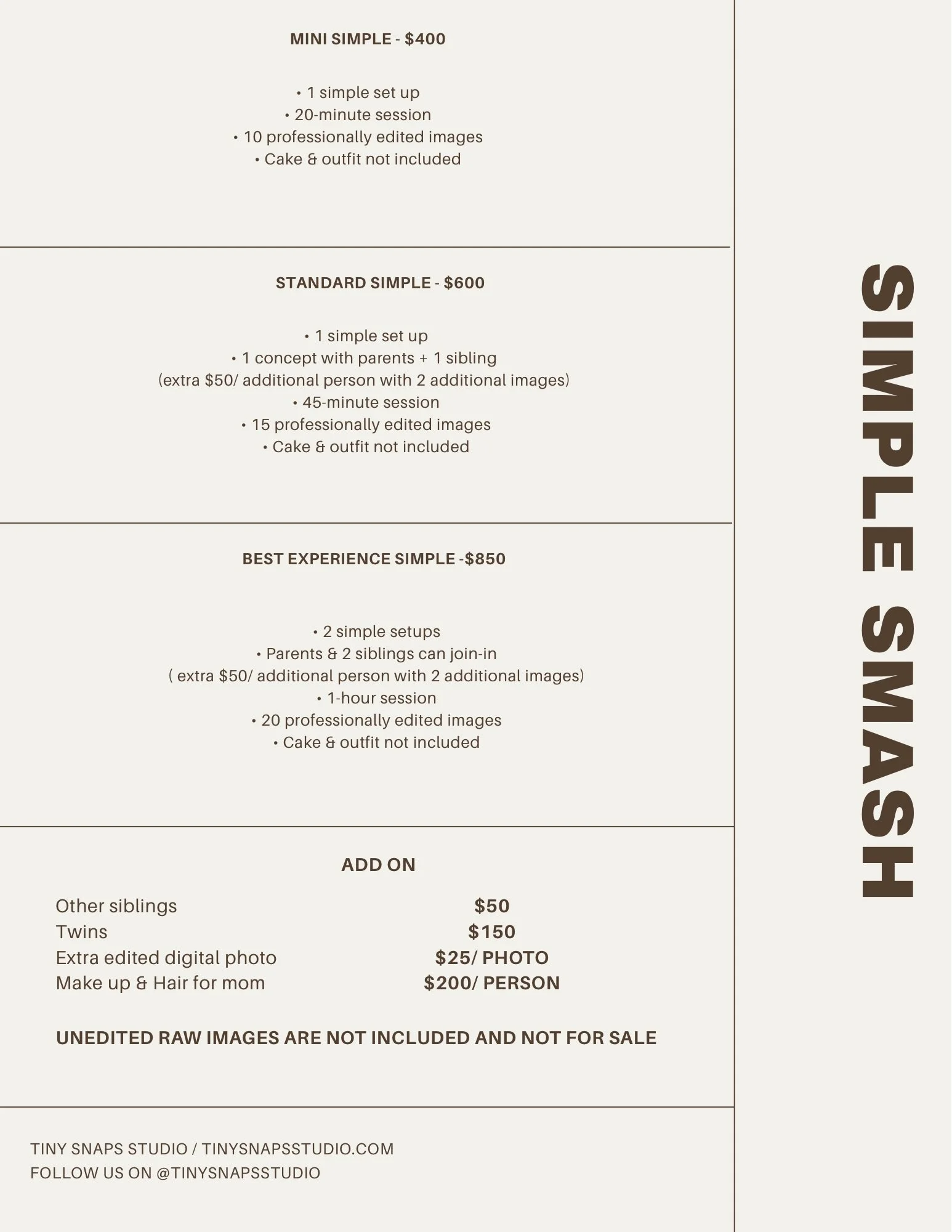 Pricing information for different professional photo session packages, including Mini Simple, Standard Simple, and Best Experience Simple, with additional options and add-ons listed.