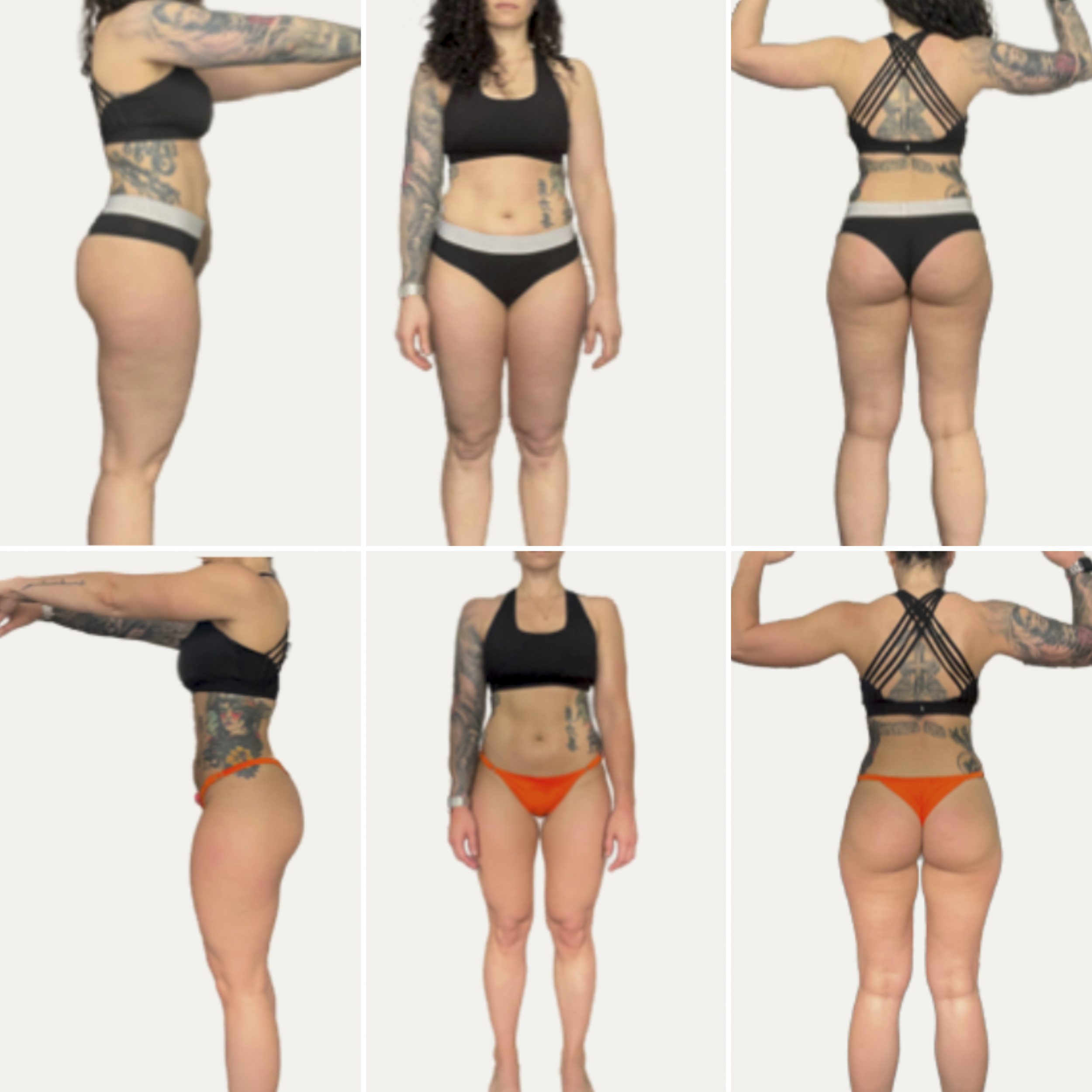 Series of six photos showing a woman with tattoos, in black sports bra and shorts, in various poses and angles, with and without orange underwear, against a white background.