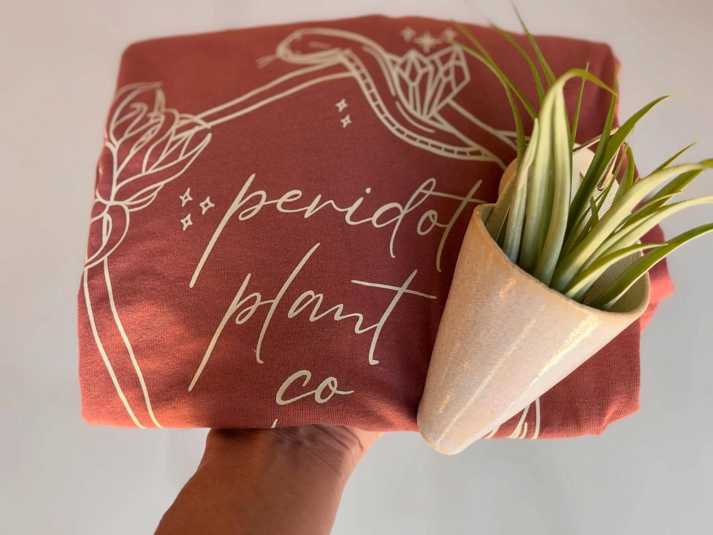 Our Peridot T-Shirts are soft and I have more @peridotpottery to show you.  A beautiful candle holder and a flower pot, such pretty colors.  Our grapefruit/mango candle, lots of succulents and this caladium is getting so big.  Come see us this weeken