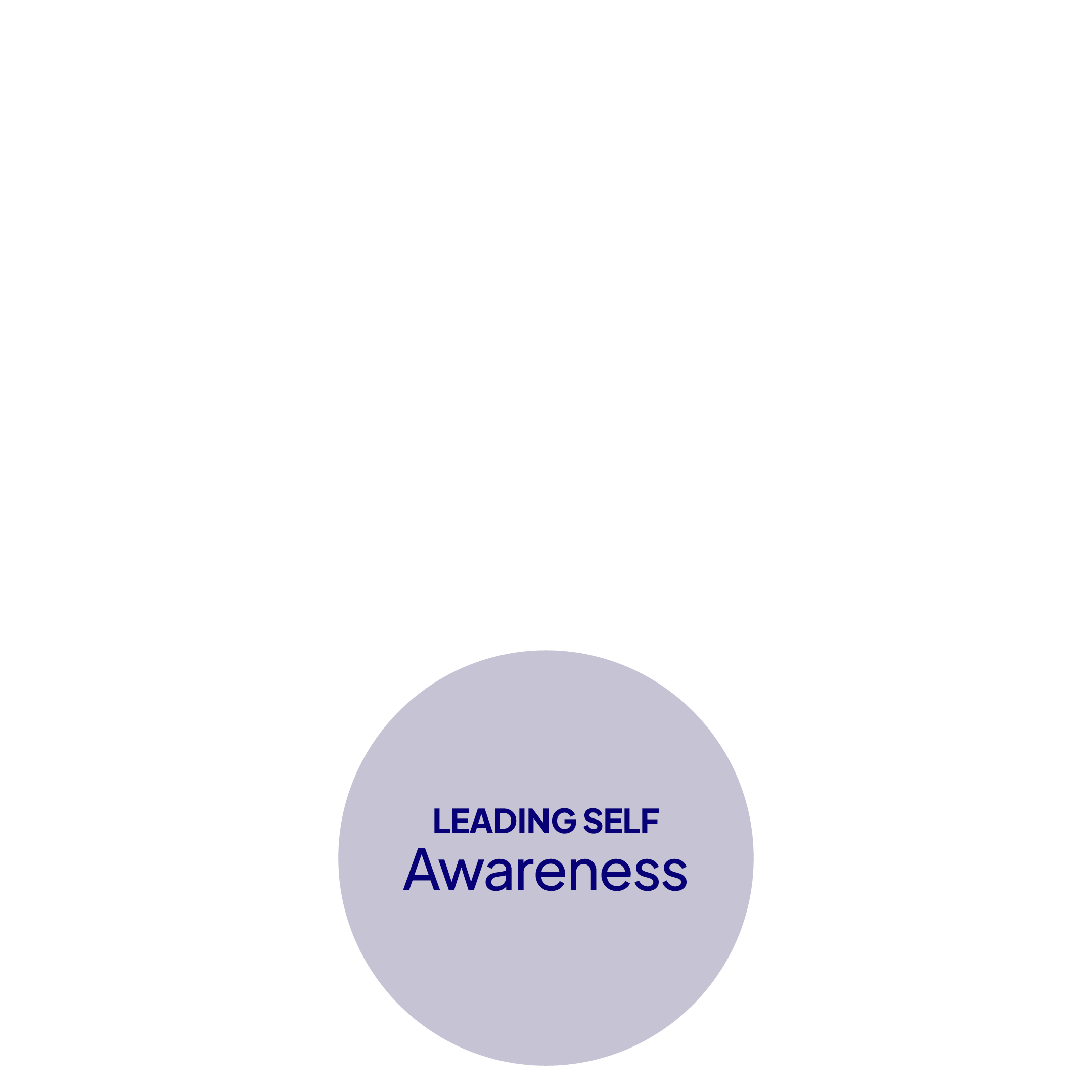 Circular infographic with concentric rings, each displaying a different phrase related to leadership and self-awareness, progressing from 'Creating Leaders Agility' to 'Leading Together Alignment' and ending with 'Leading Self Awareness.'