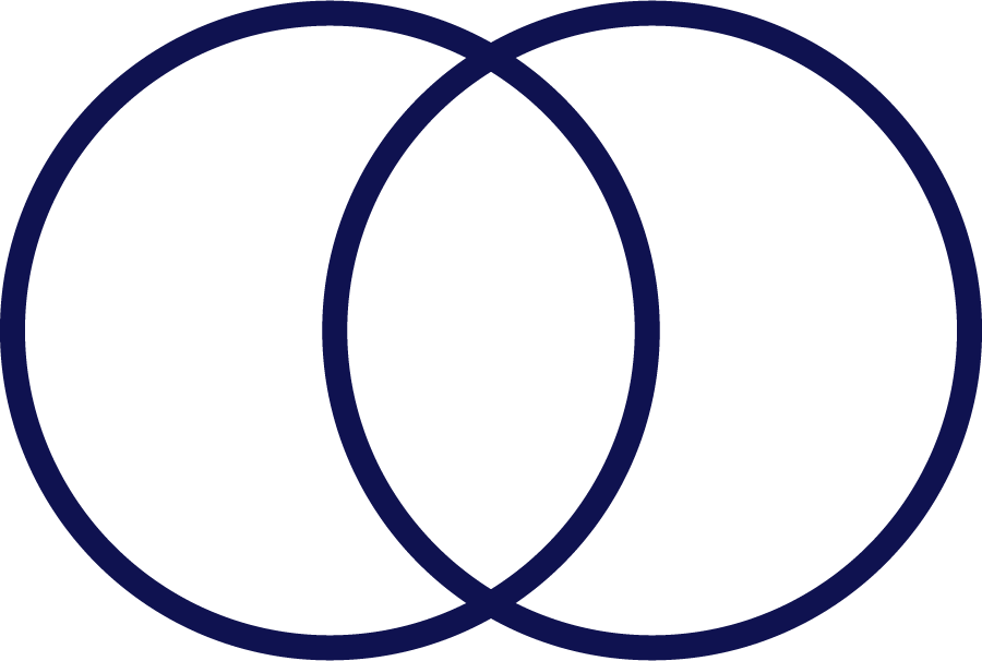Two overlapping black circles with dark blue outlines, creating a Venn diagram.