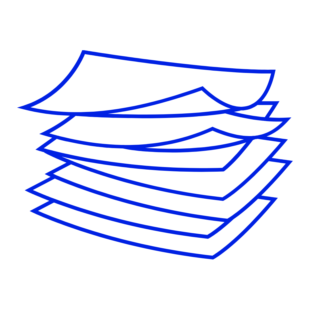 Stack of paper sheets with blue outlines on black background.