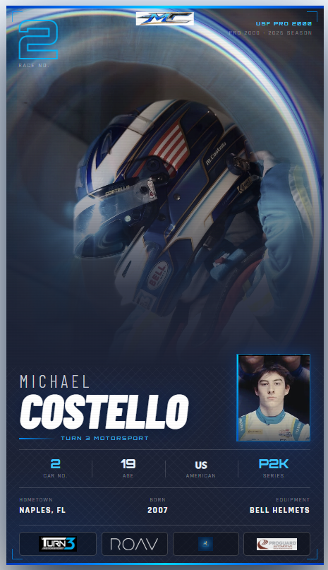 Race car driver wearing a blue and white helmet with red and white stripes, full racing suit, in a racing simulator or car. Overlay text includes his name, Michael Costello, age 19, from Naples, Florida, racing in P2K series with Bell helmets, car number 2, and other sponsorship logos.