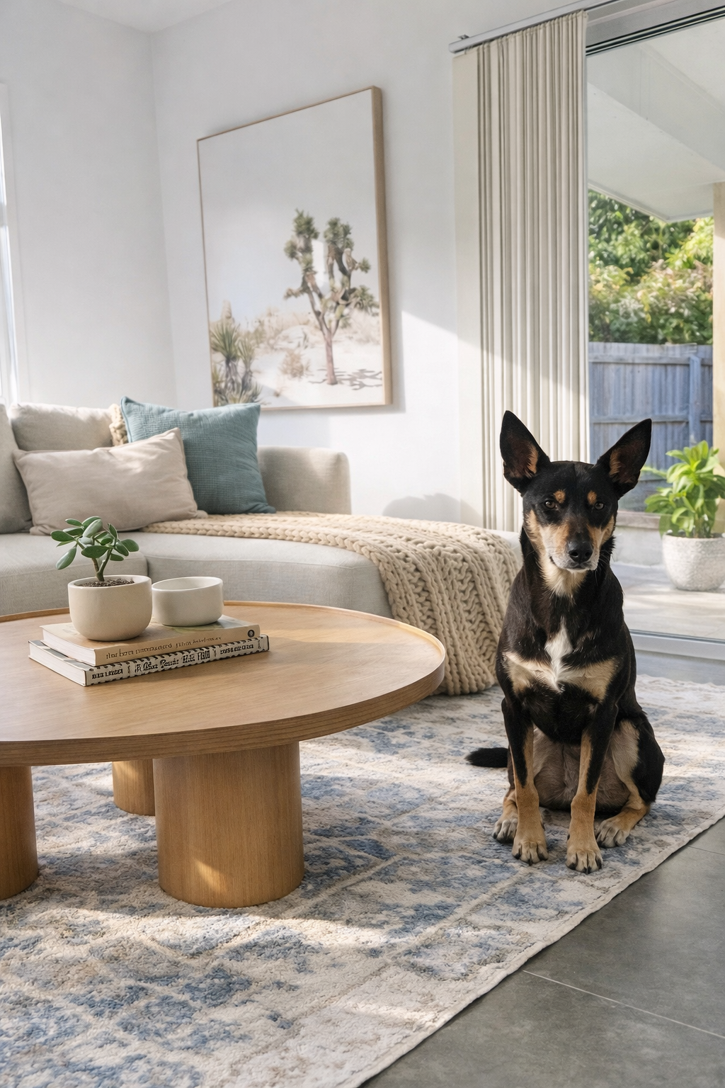 A living room with a beige sofa, decorative pillows, a knitted throw blanket, a round wooden coffee table with books and small plants, a patterned rug, a large window with vertical blinds, and a black and tan dog sitting on the rug.