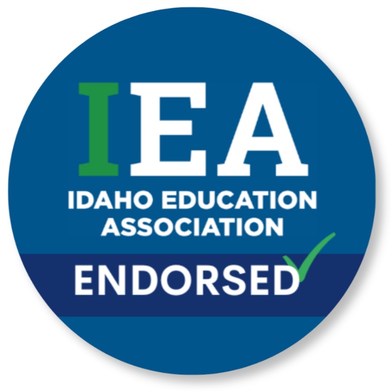 Circle sticker with the Idaho Education Association logo with the word endorsed below
