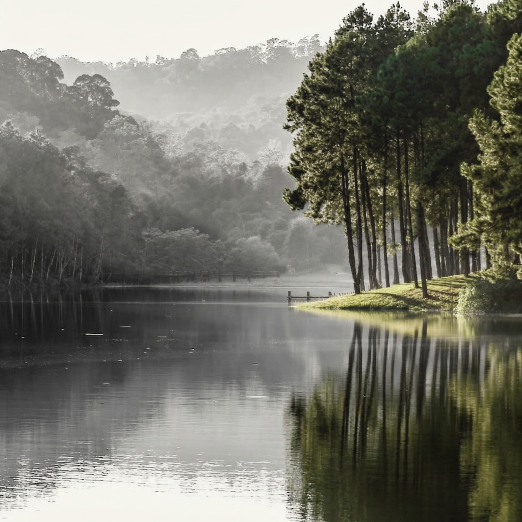 A peaceful lakeside scene with calm water reflecting tall pine trees on the right and a forested hillside in the background, with mist or fog in the distance.