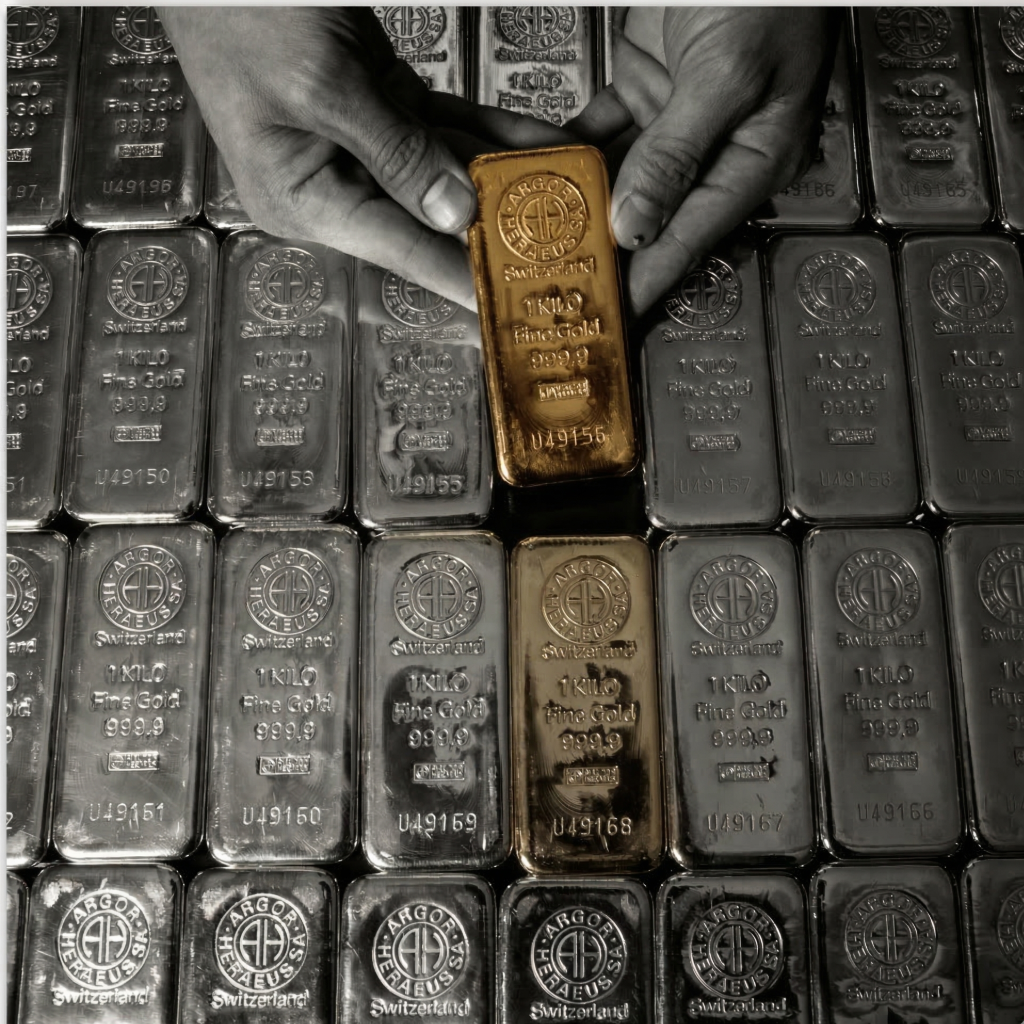 Multiple silver bars with one gold bar on top, all stamped with Argor Heraeus Switzerland, 1 kilo fine gold 999.9.