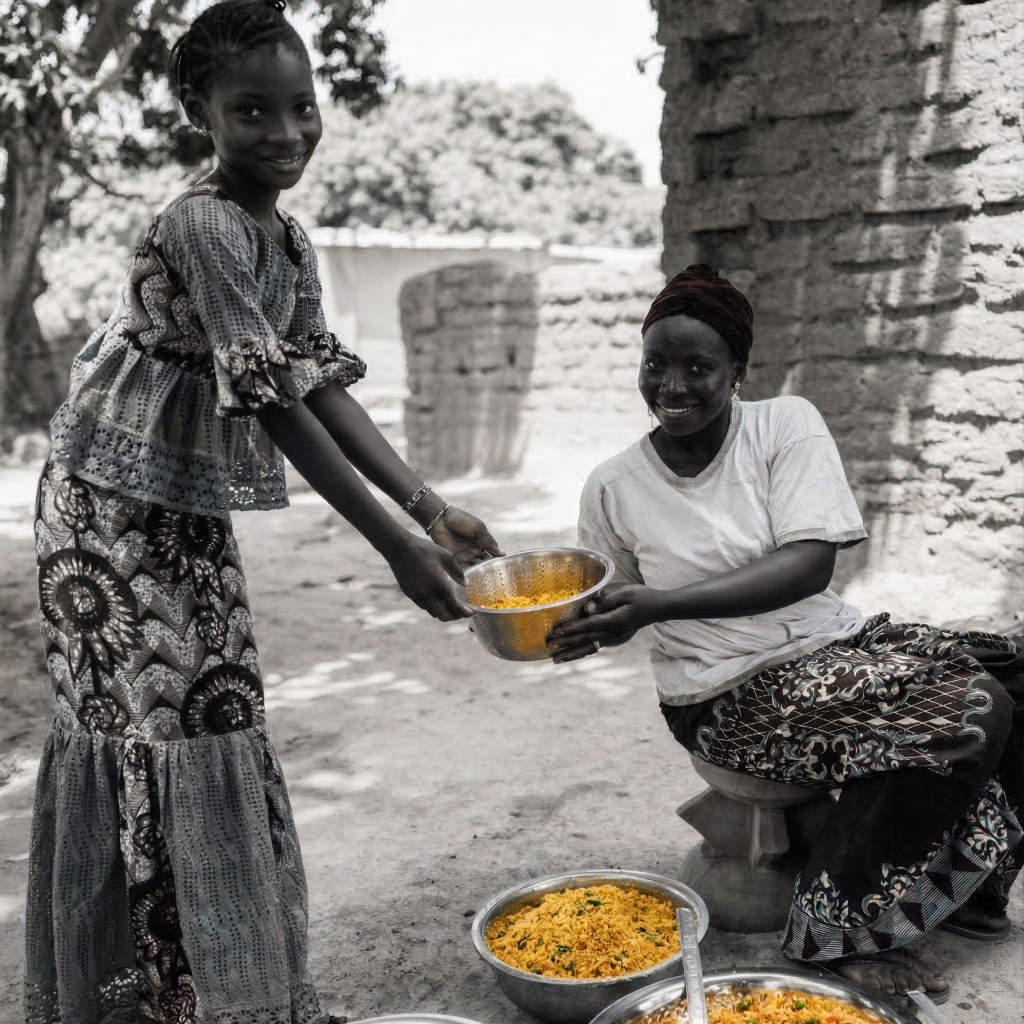 A young girl and a woman sharing rice outdoors, with the girl handing a bowl of rice to the woman.