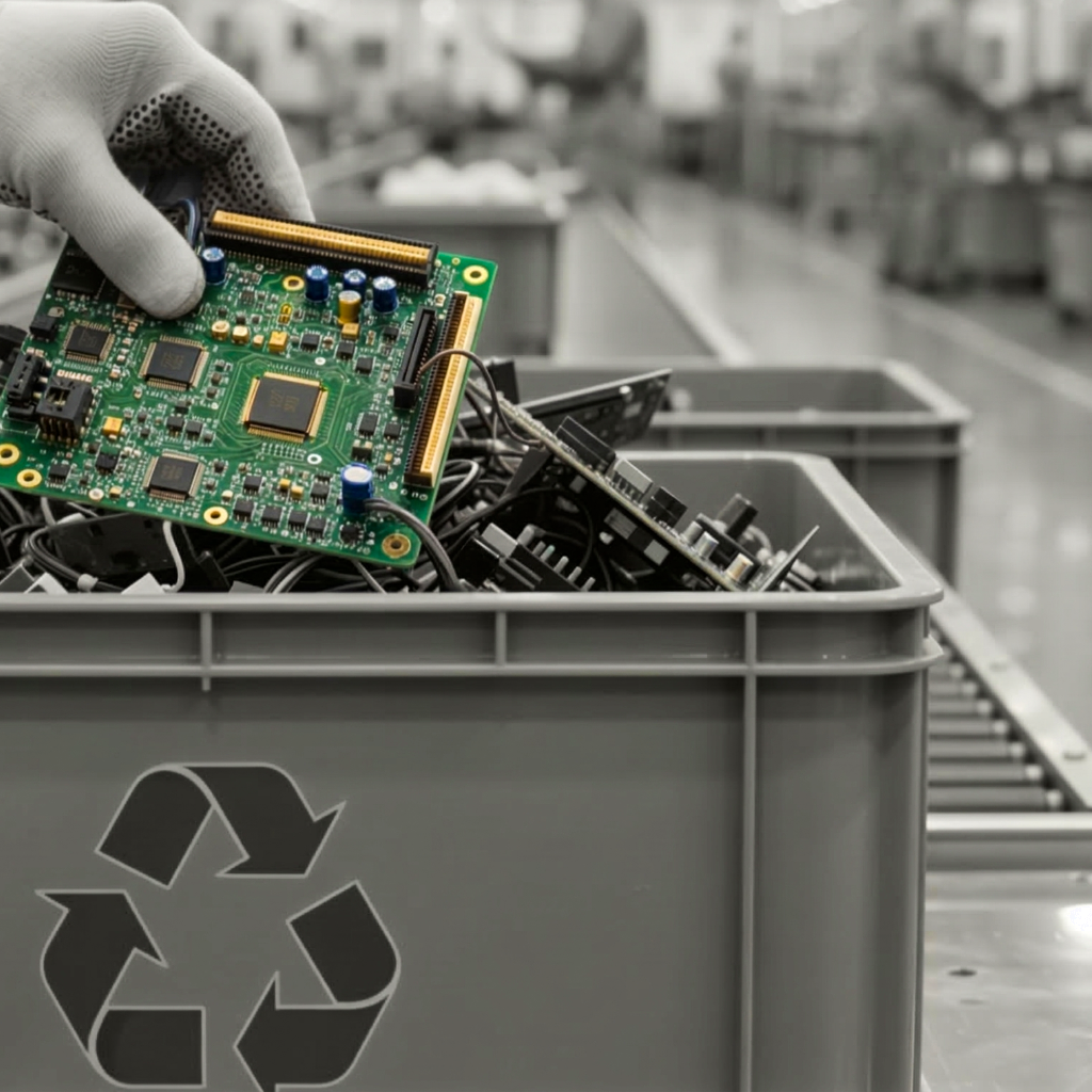 Person wearing white gloves handling an electronic circuit board over a recycling bin filled with electronic waste, with a blurred background of an industrial or recycling facility.