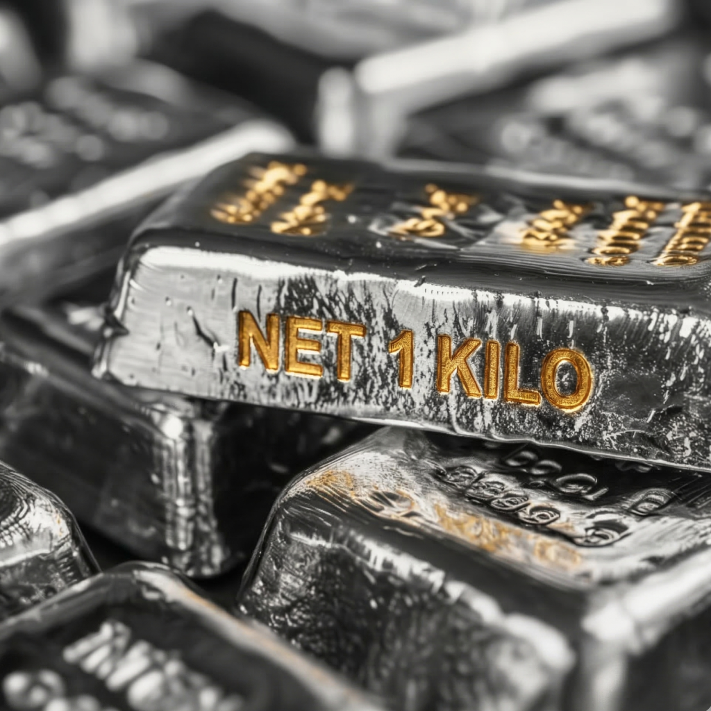 Close-up of a silver bar with gold text reading 'NET 1 KILO' on a pile of similar silver bars