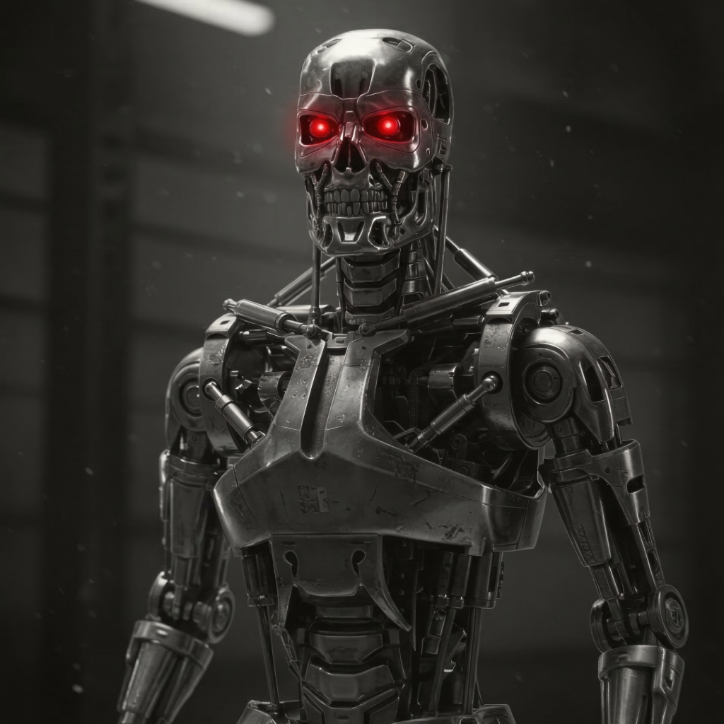 A humanoid robot with a skull-like face and glowing red eyes, constructed from dark metal and mechanical parts.