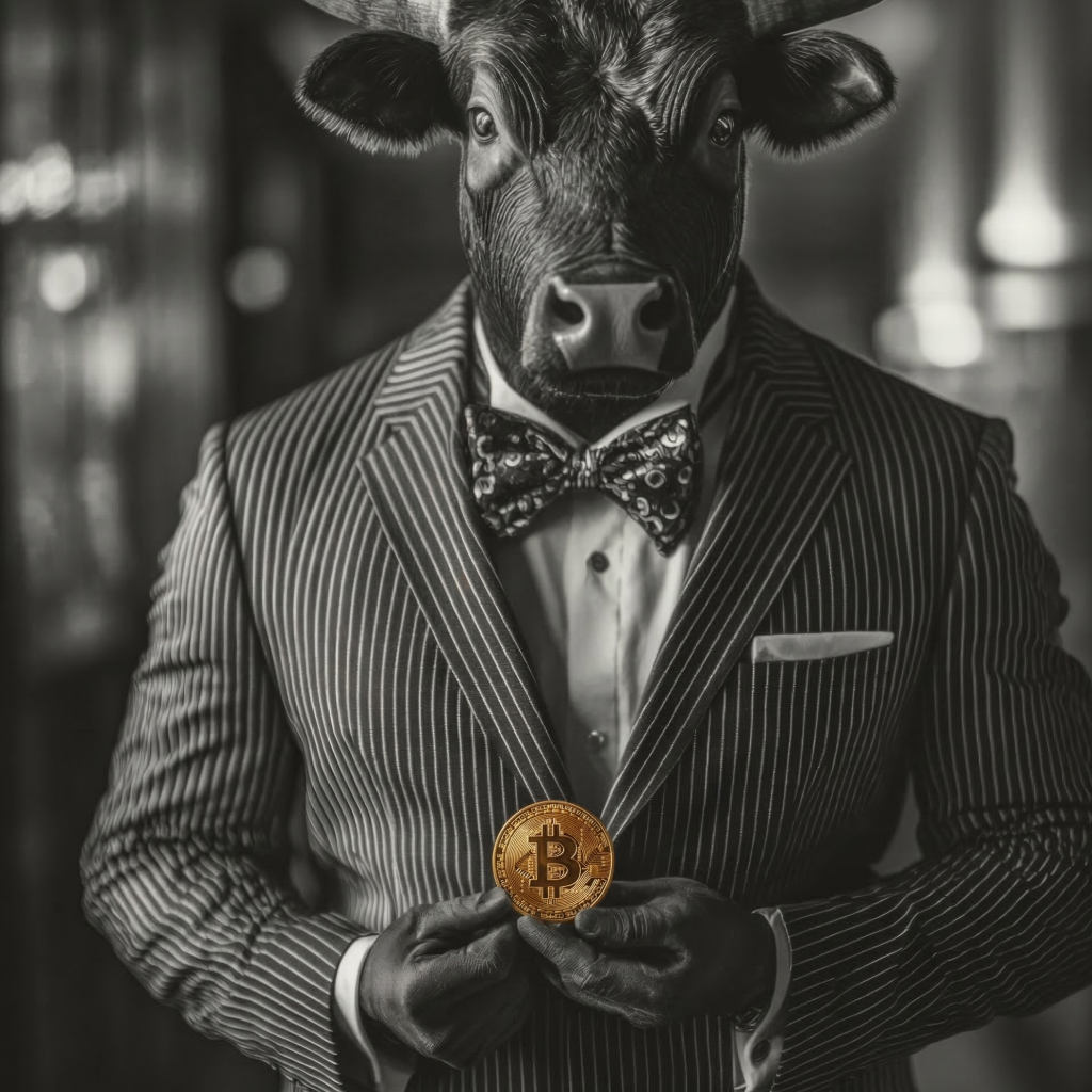 A humanoid figure with a cow's head, wearing a pinstripe tuxedo, bow tie, and gloves, holding a Bitcoin coin in front of a blurred background.