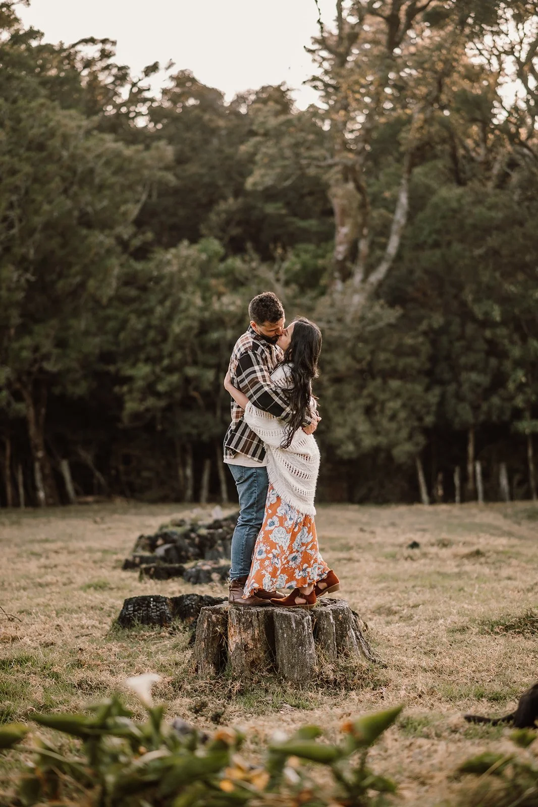 Una pareja joven besándose en un claro del bosque, de pie sobre un tocón de árbol. Ella lleva un vestido largo de flores y una bufanda, él lleva una camisa a cuadros y jeans. El fondo muestra árboles y un cielo iluminado por la puesta del sol.
