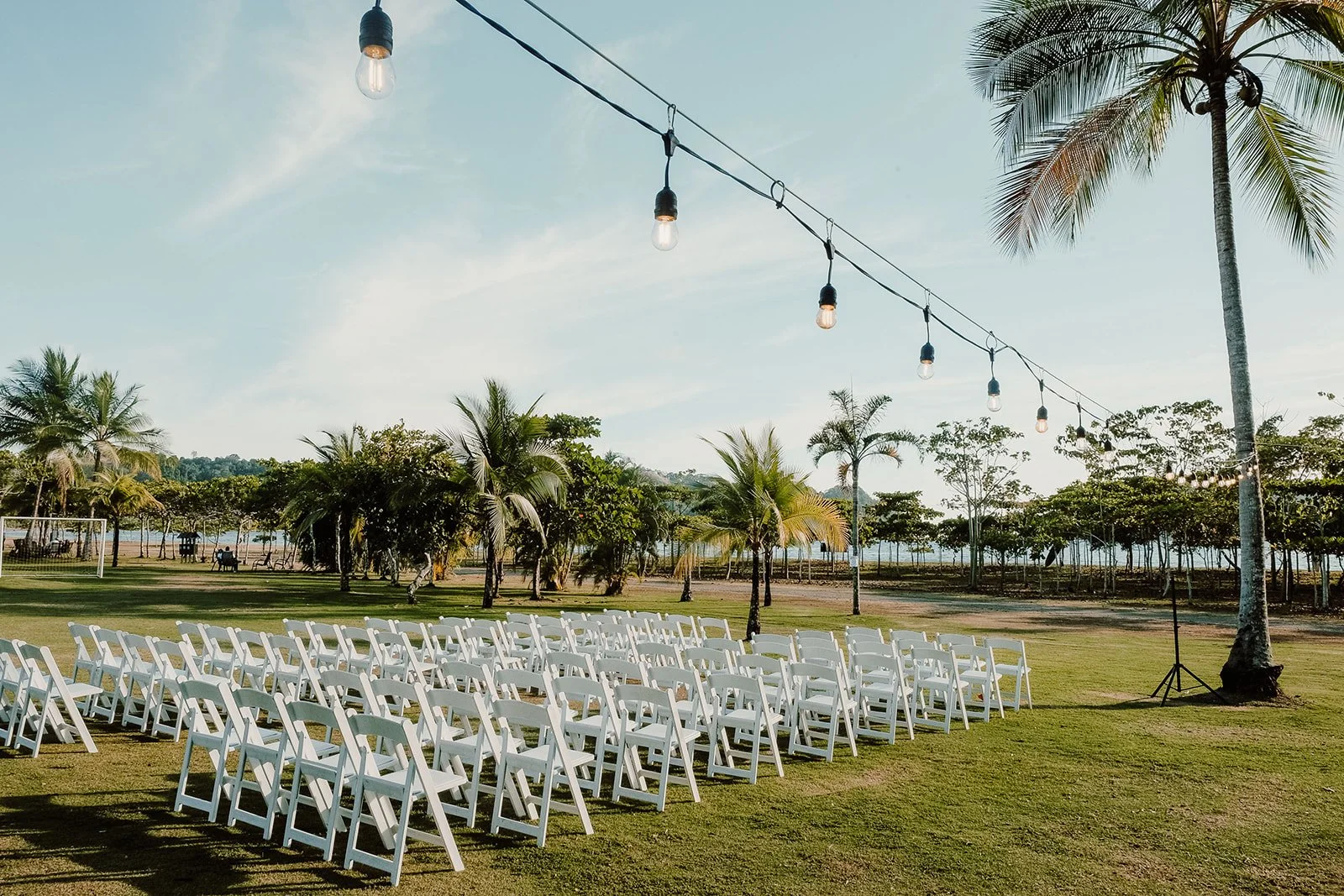 Lugar al aire libre con sillas blancas arregladas en filas en un césped, con árboles y palmeras en el fondo, y luces colgadas en cables sobre la escena, listos para un evento o celebración.