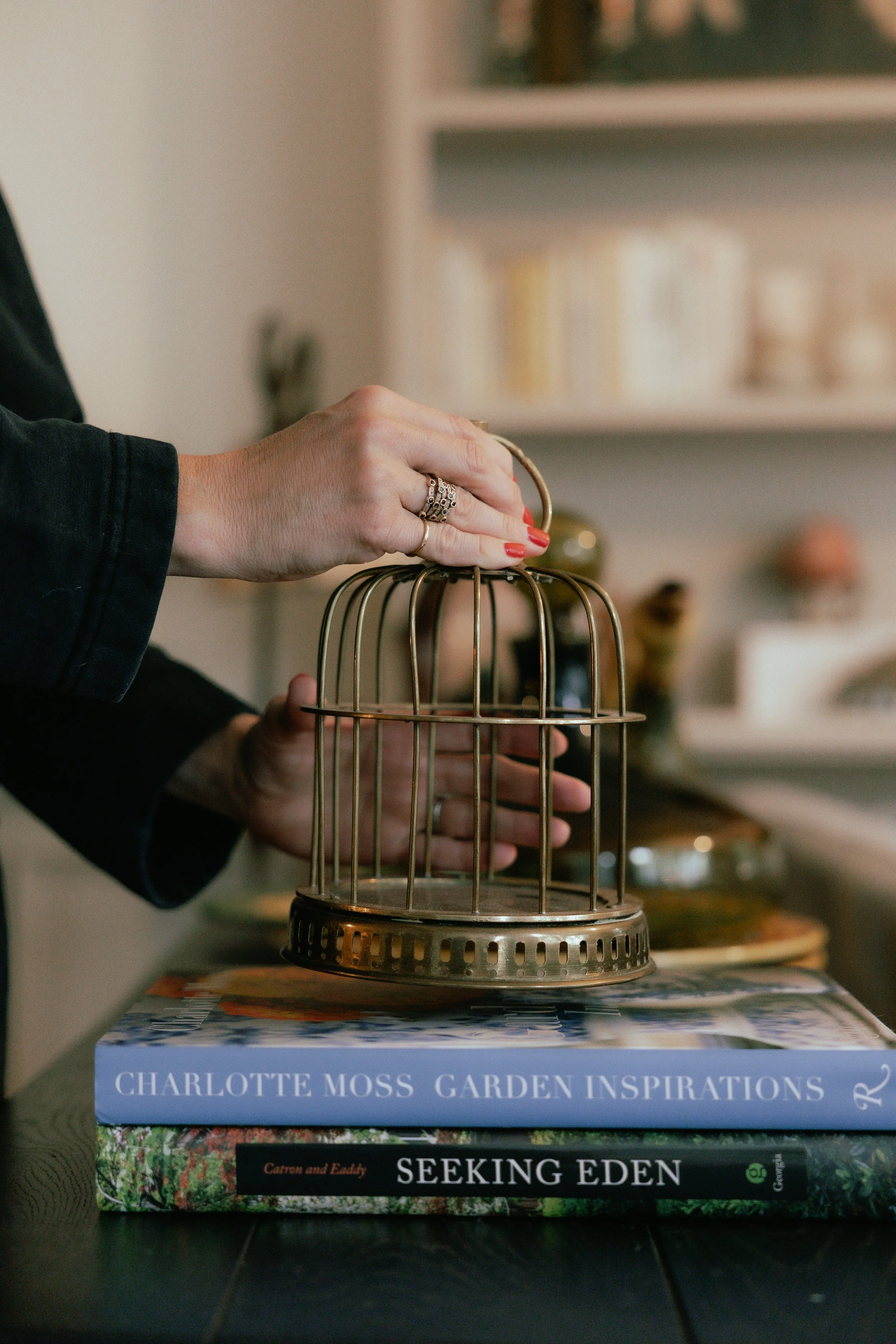 A person with painted red nails and rings on their fingers places a small birdcage on top of two garden books on a table.