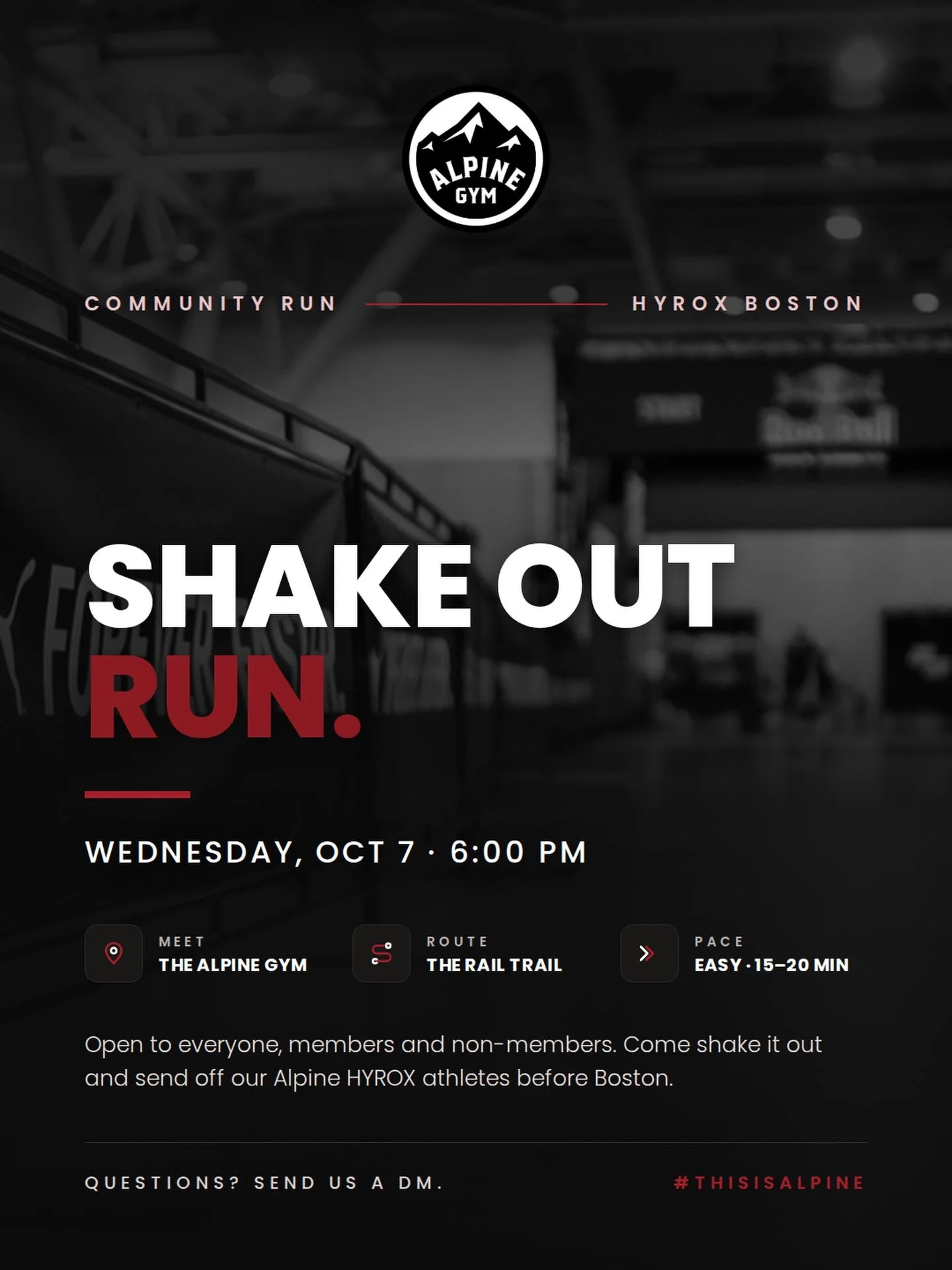 Shake it out with us! 🏃&zwj;♀️🏃&zwj;♂️

Join us Wednesday, Oct 7 at 6:00 PM for an easy 15&ndash;20 minute community run from Alpine to the Rail Trail. Open to everyone, members and non-members.

Come run, hang out, and help us send off our Alpine 