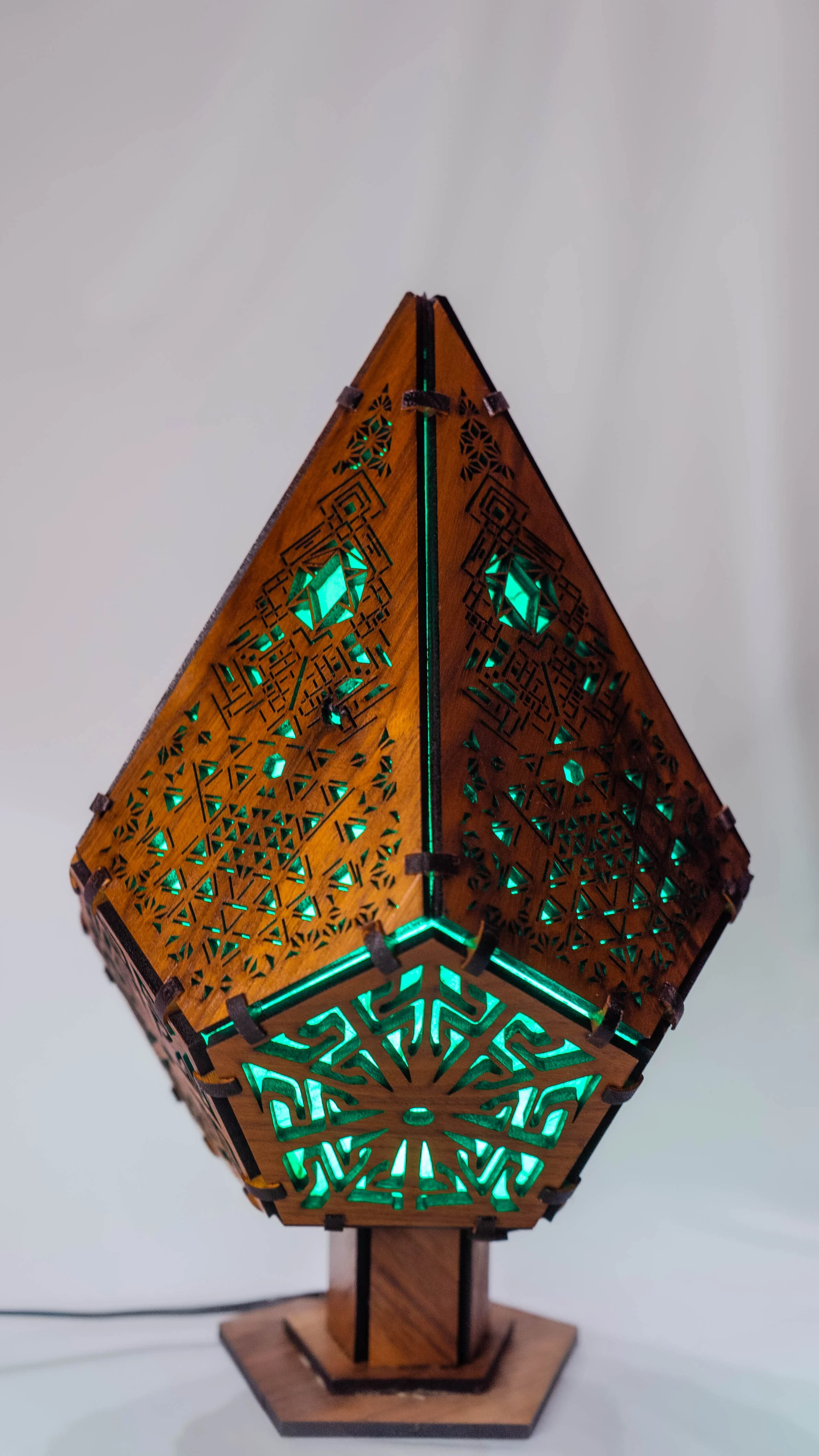 Solid walnut multi color LED hexagon lamp.