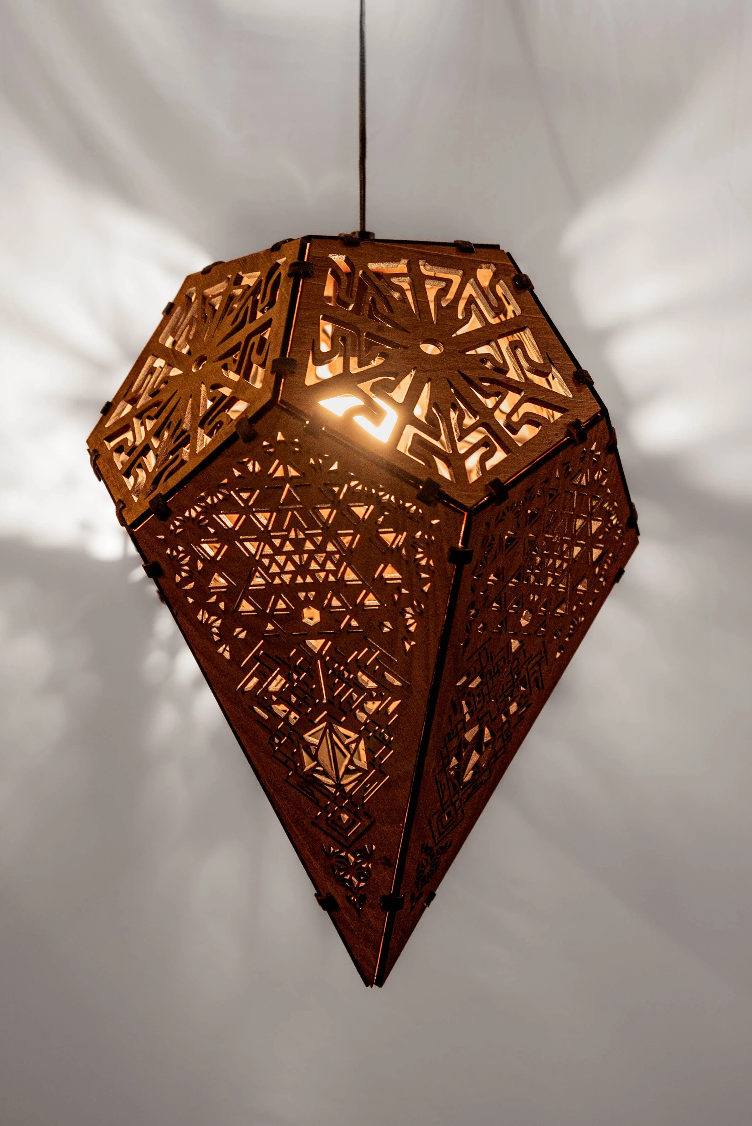 Hanging Solid walnut Hexagon Lamp Multi colored