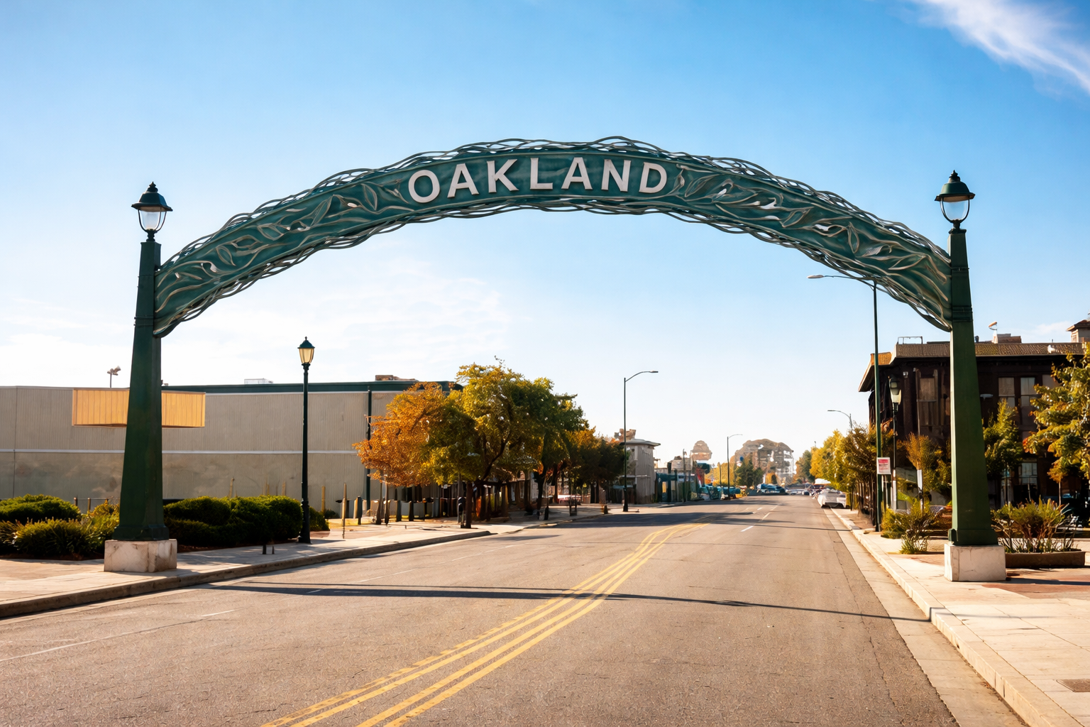 Street view in Oakland with a decorative archway overhead, trees lining the sidewalk, and buildings in the background under a clear blue sky.