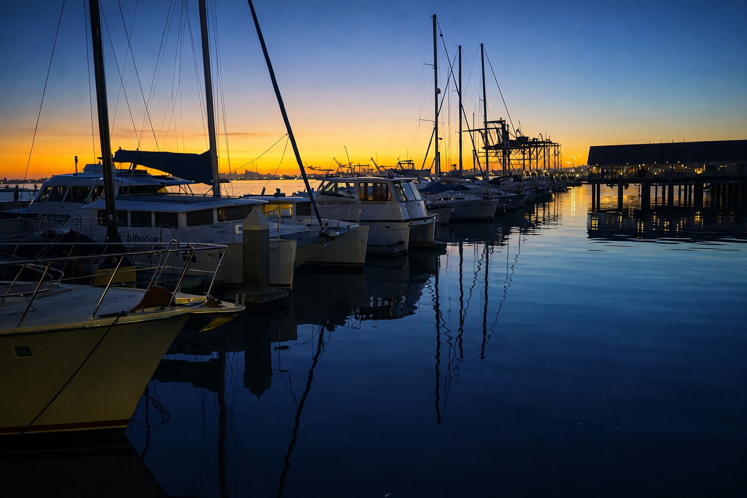 Boats docked at a marina during sunset, with calm water reflecting the vessels and a colorful sky.