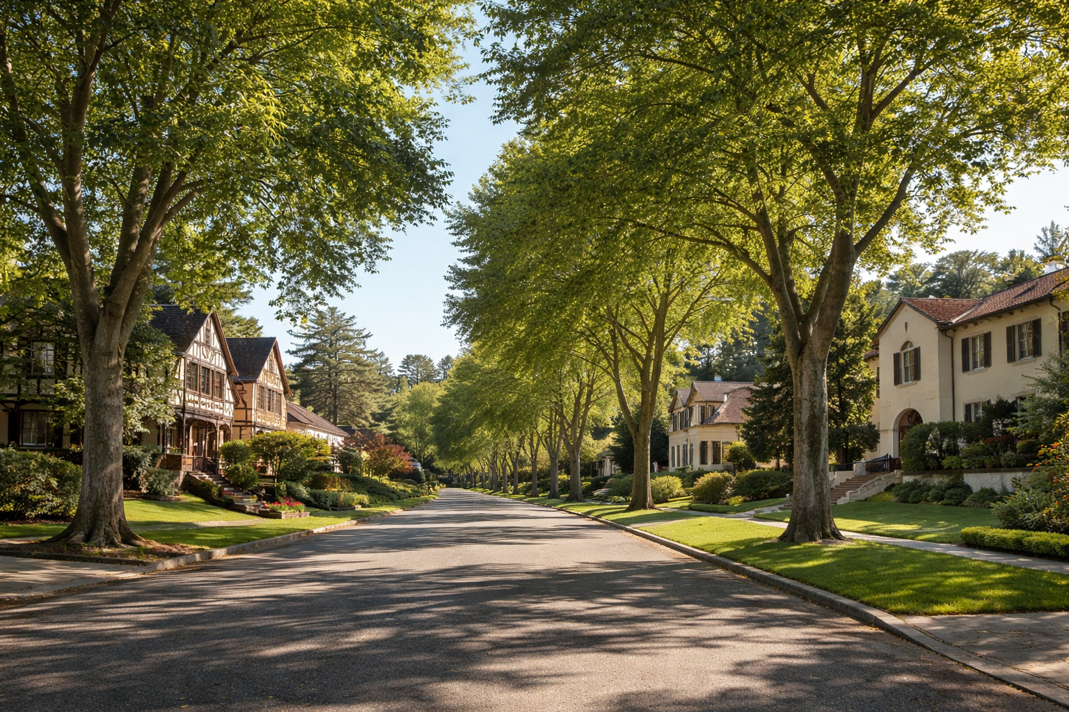 A peaceful residential street lined with large trees and elegant houses with well-maintained lawns and gardens.
