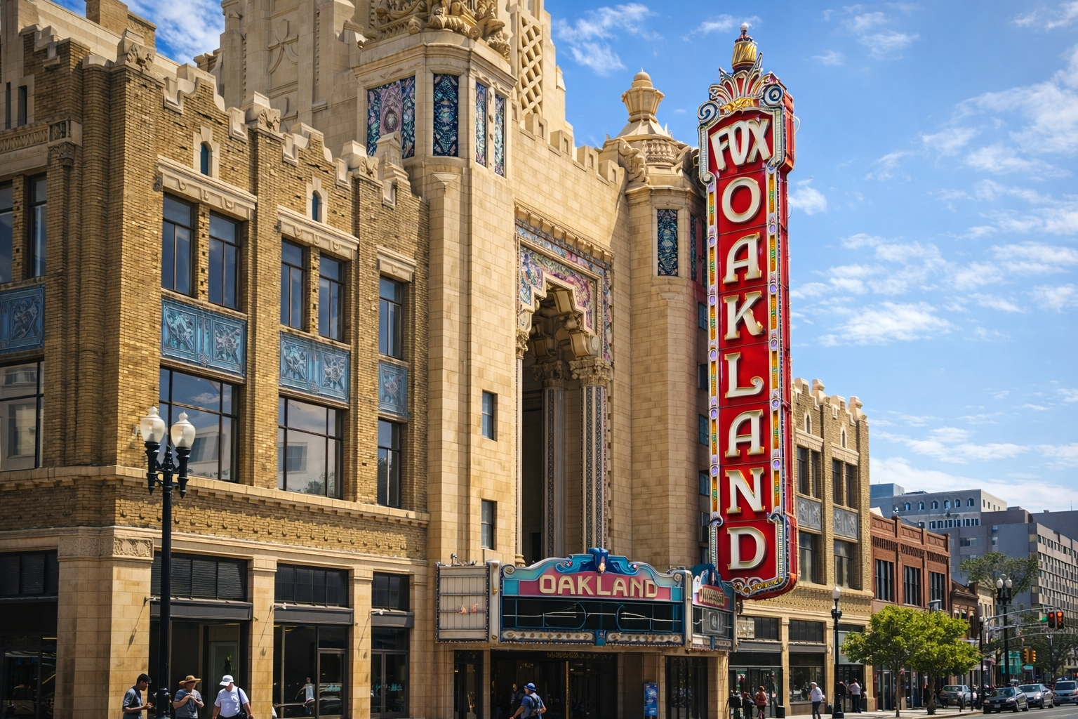 The Fox Oakland theater with a decorative marquee and neon sign on a sunny day in downtown Oakland, California.