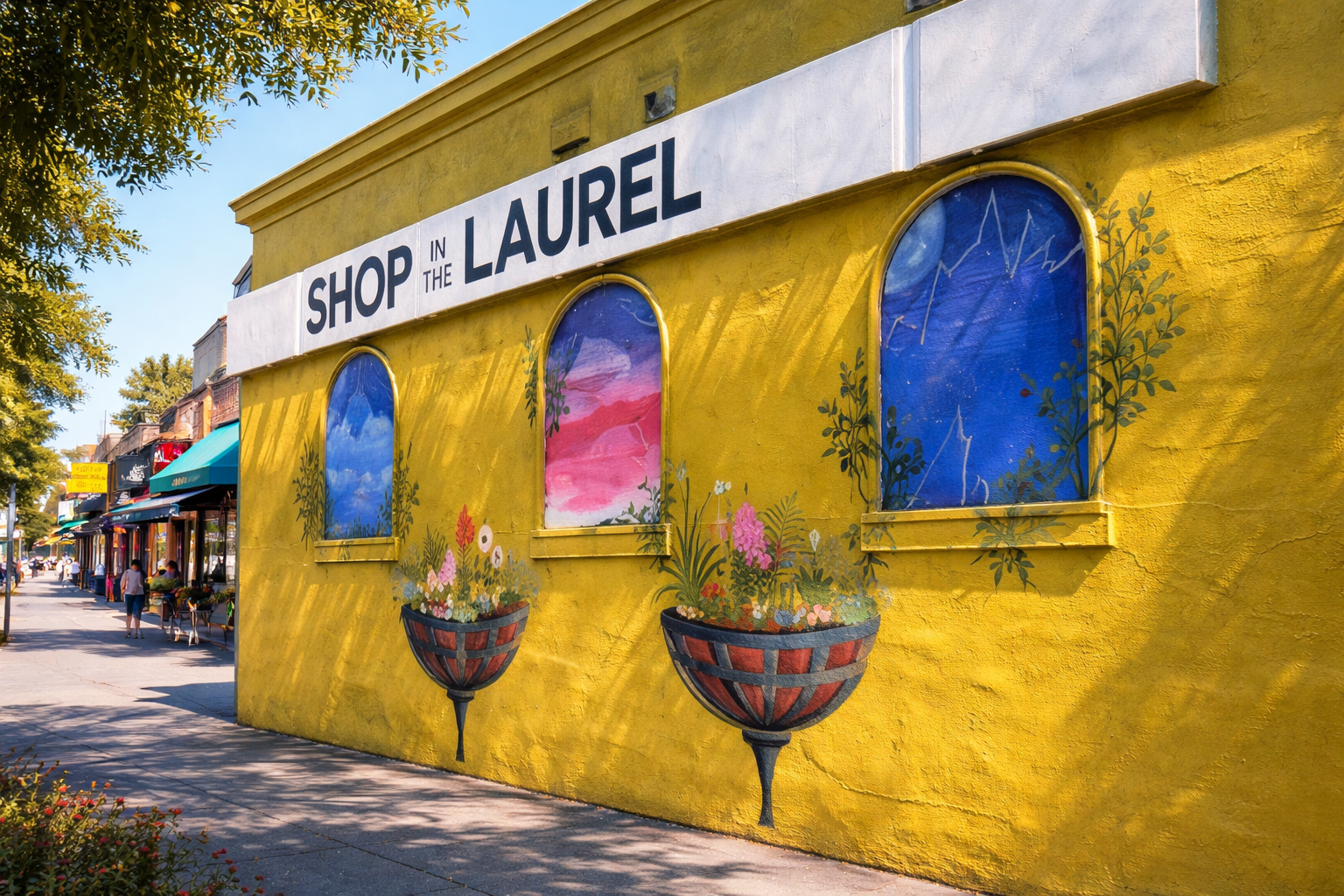 Yellow building with painted flower pots and windows, a sign reading 'Shop in the Laurel,' on a sunny street with trees and other shops.