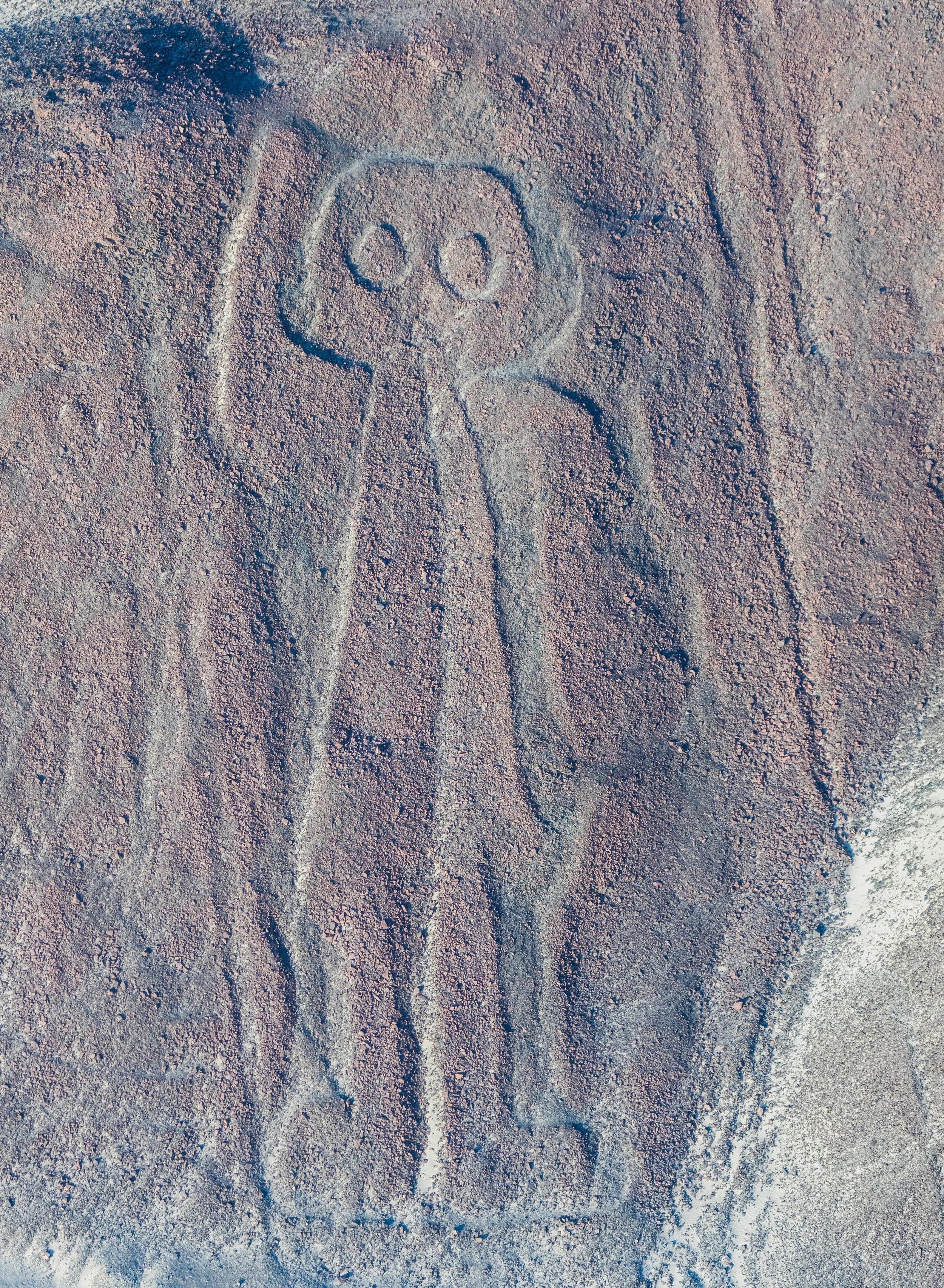 Aerial view of the "Owlman" aka "Astronaut", the most enigmatic geoglyph of the Nazca Lines