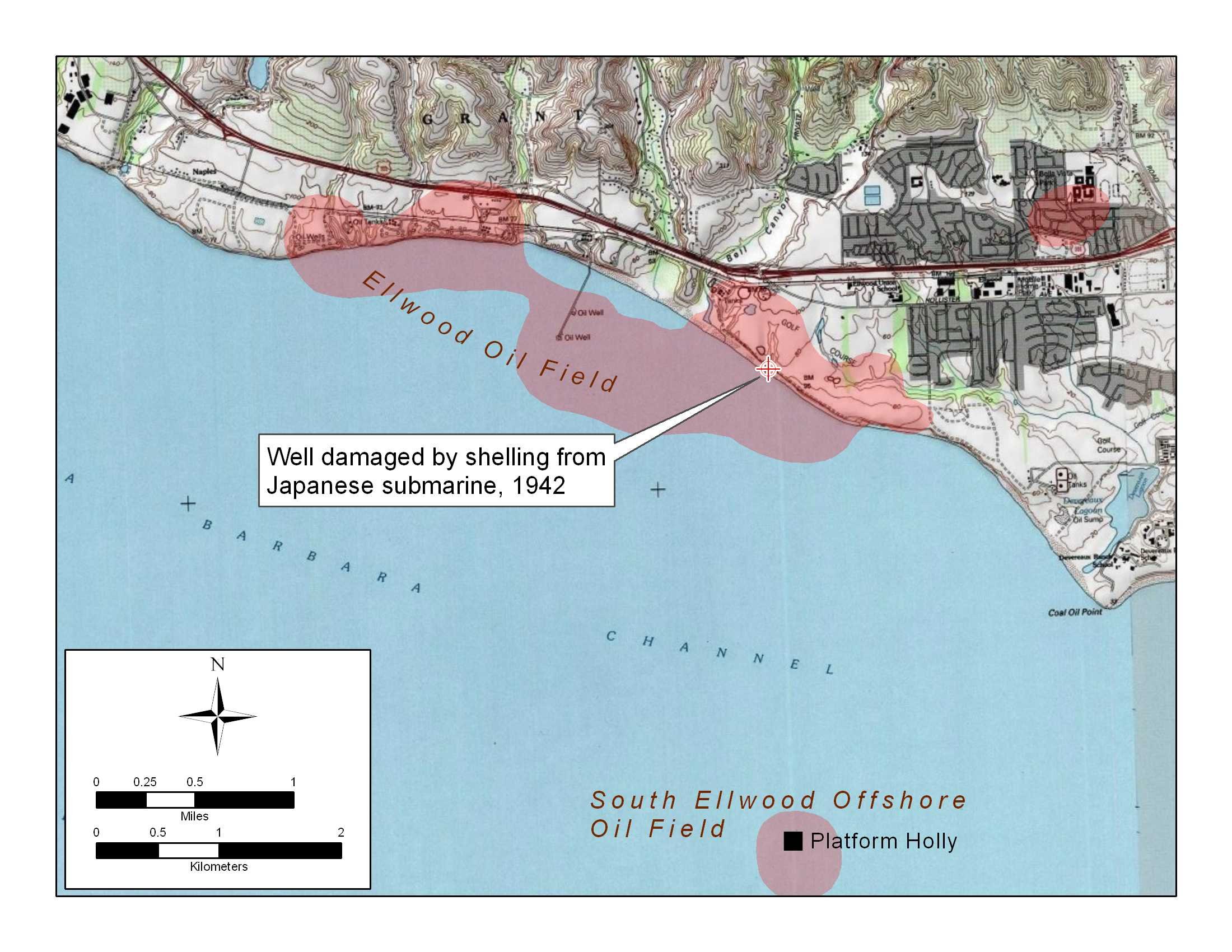 Ellwood shelling context map (damaged well location; Feb 23, 1942)