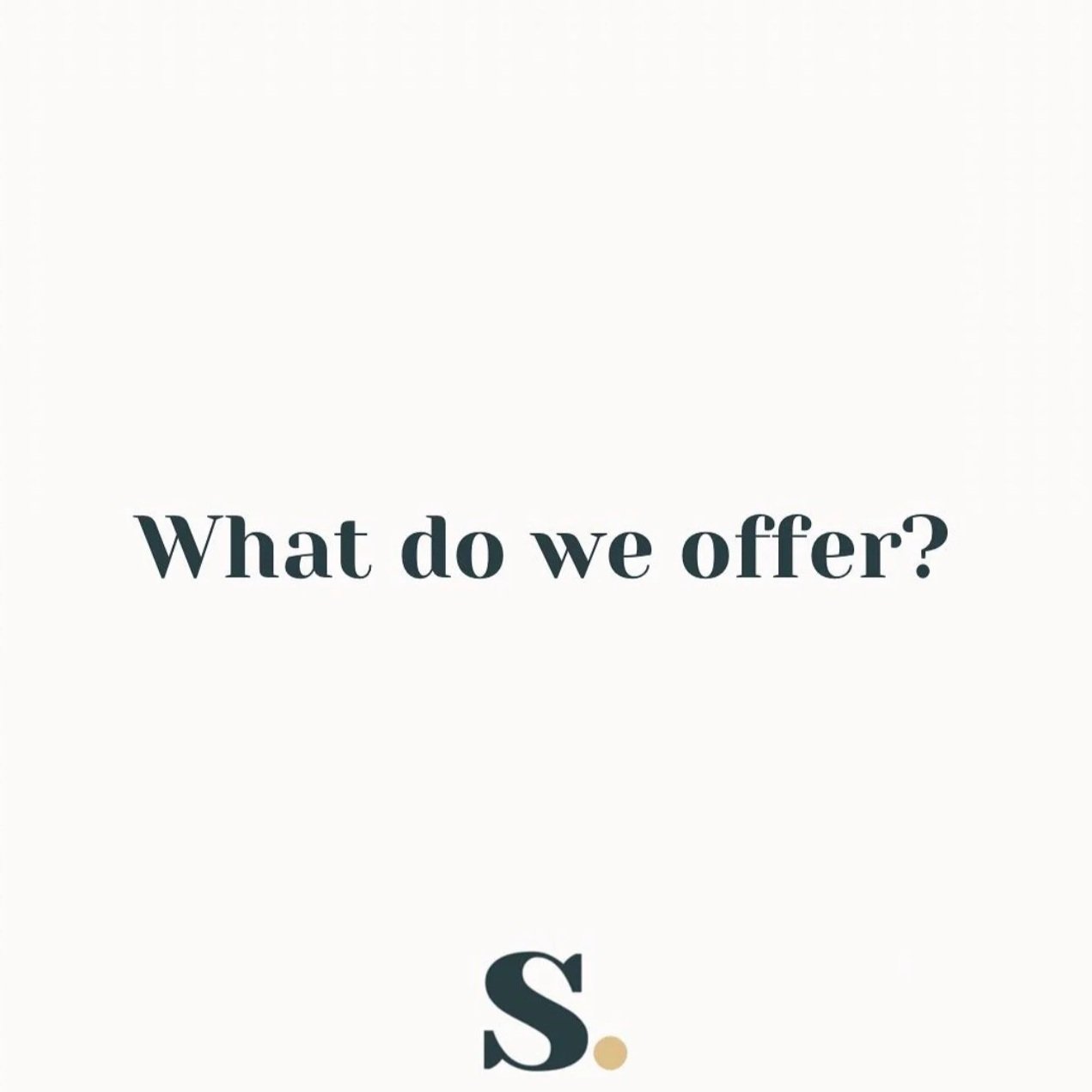 Text on a white background that reads, 'What do we offer?' with a stylized capital S and a small dot below it.
