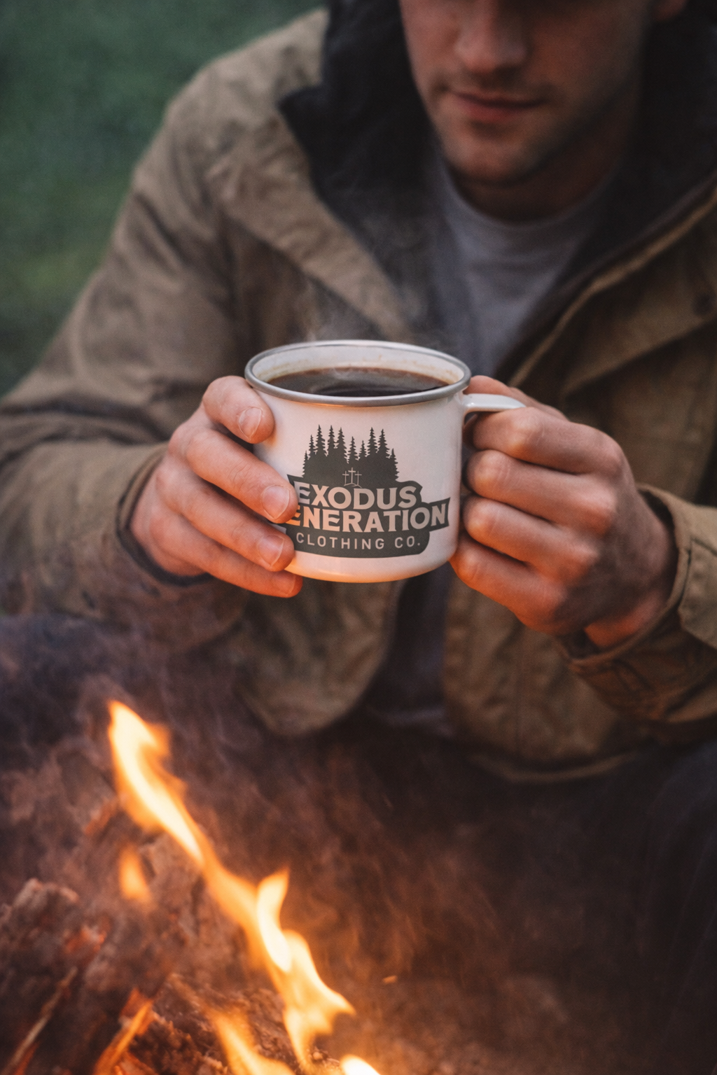 A person holding a white mug with the Exodus Generation Clothing Co. logo, filled with a hot beverage, near a campfire outdoors.