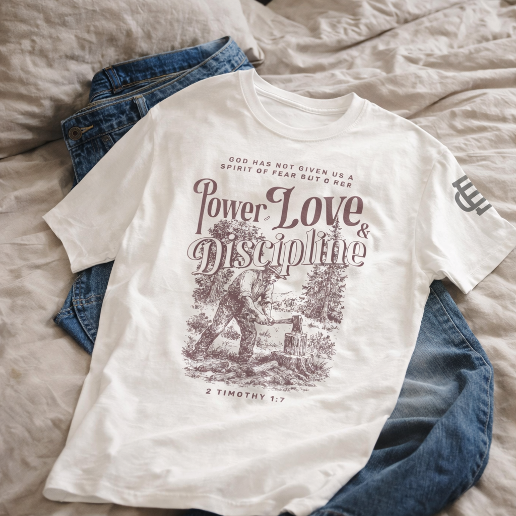 A white T-shirt with a graphic design and text laid on a bed with blue jeans folded underneath. The design features a biblical quote about power, love, discipline, with an illustration of a man chopping wood in a forest.